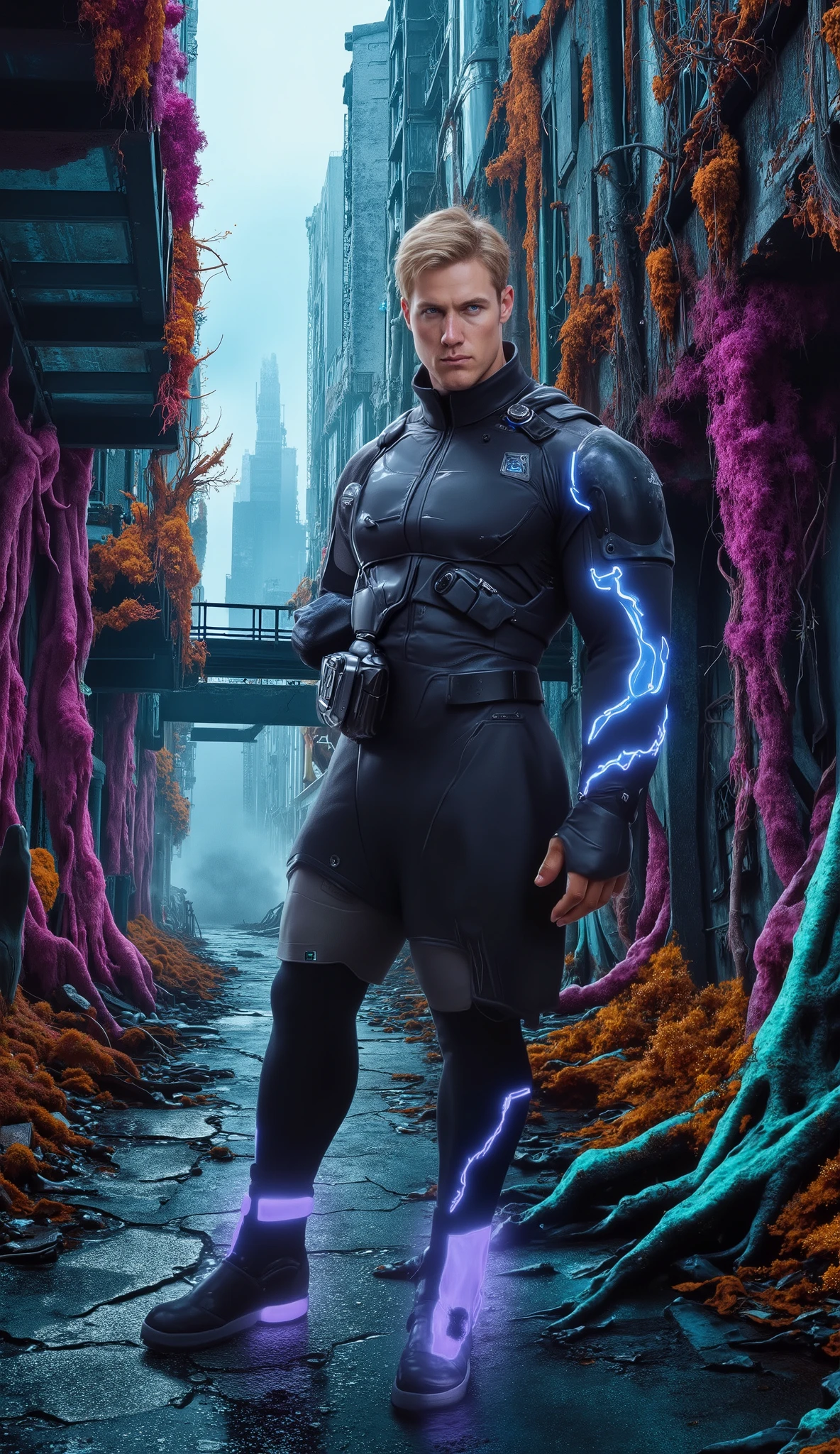 Masterpiece, Accurate, Award Winning, Best Quality, Extremely Detailed, 8K, HD, Super-Resolution, Dynamic Depth of Field, Photorealistic, Full Coloured, Realistic Skin and Hair Texture, ((a 25-year-old, platinum blonde Nordic cybernetic explorer with ice-blue eyes, high cheekbones, a strong angular jawline, and a powerfully sculpted physique, cautiously standing in a decayed alleyway where bioluminescent vines in hues of emerald, sapphire, and neon pink have begun reclaiming the abandoned cityscape)). His ((minimalist, futuristic gear is form-fitting and reinforced with sleek biomechanical plating, the structured fabric hugging his muscular chest, broad shoulders, and thick arms, while advanced cybernetic joints in his shoulders and elbows reflect the eerie neon glow of the overgrown surroundings)). His ((intense gaze sweeps the crumbling environment, his posture alert as he visually scans the towering structures covered in glowing vegetation, their tendrils weaving through fractured concrete and rusted steel beams, casting vibrant reflections against the slick, rain-slicked pavement beneath him)). His ((gloved hand is raised slightly, fingers hovering over the cracked surface of the techno-synthetic ground, its embedded circuitry pulsing faintly, emitting a soft, iridescent light that flickers between the roots of the encroaching biomechanical flora)). The background features ((abandoned skyscrapers with shattered windows, their glass surfaces catching distorted neon reflections, metal walkways covered in luminescent moss, and thick mist rolling in from the depths of the ruined city, partially obscuring the distant skyline where faint mechanical structures loom against the artificial haze)). Shot on ((Canon EOS R5, RF 50mm f/1.2L lens, f/2.0 aperture, 1/250 shutter speed, cinematic cyberpunk lighting with high contrast, neon reflections creating depth and atmospheric layering, deep shadows enhancing the sharp details of fabric, synthetic surfaces, and organic overg