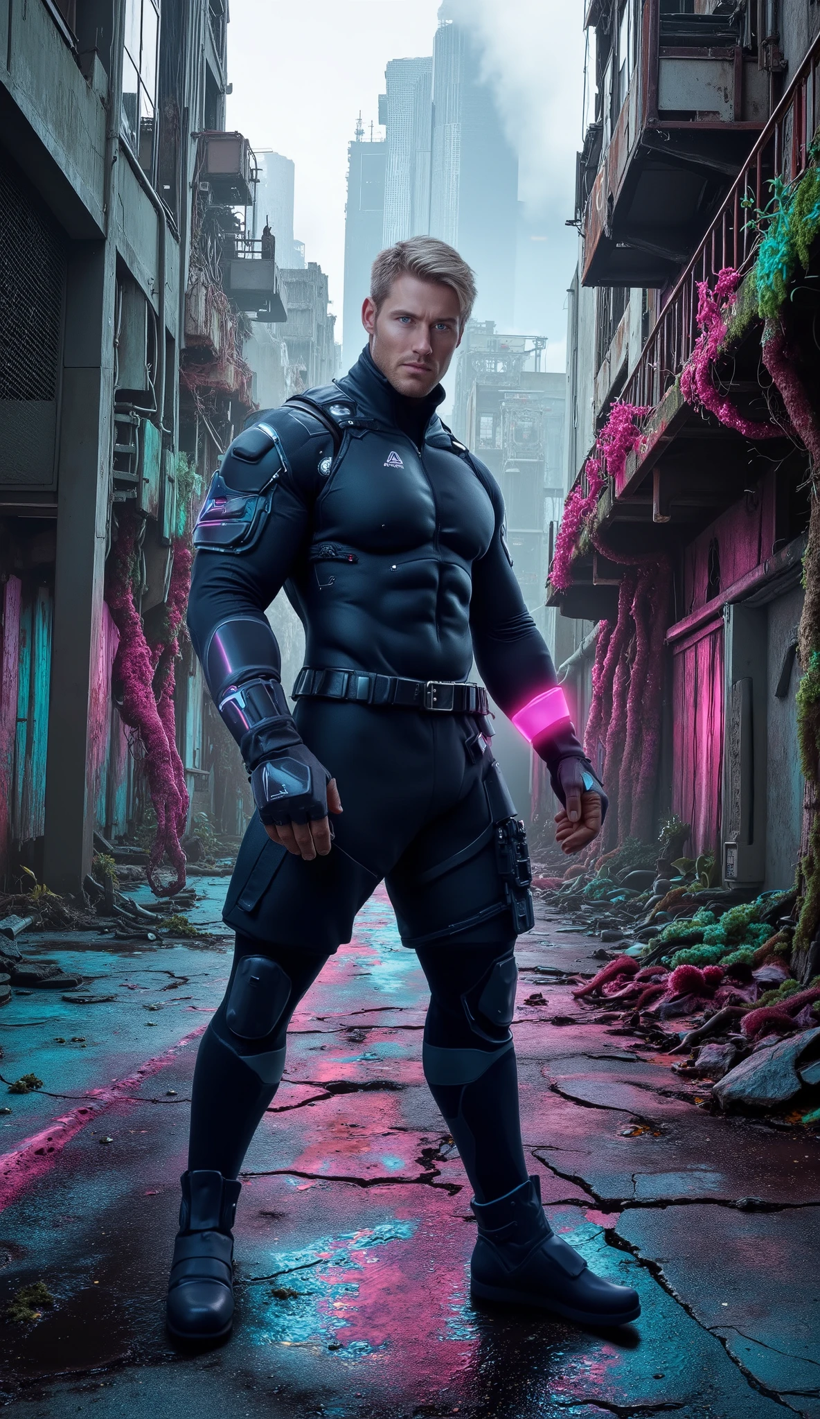 Masterpiece, Accurate, Award Winning, Best Quality, Extremely Detailed, 8K, HD, Super-Resolution, Dynamic Depth of Field, Photorealistic, Full Coloured, Realistic Skin and Hair Texture, ((a 25-year-old, platinum blonde Nordic cybernetic explorer with ice-blue eyes, high cheekbones, a strong angular jawline, and a powerfully sculpted physique, cautiously standing in a decayed alleyway where bioluminescent vines in hues of emerald, sapphire, and neon pink have begun reclaiming the abandoned cityscape)). His ((minimalist, futuristic gear is form-fitting and reinforced with sleek biomechanical plating, the structured fabric hugging his muscular chest, broad shoulders, and thick arms, while advanced cybernetic joints in his shoulders and elbows reflect the eerie neon glow of the overgrown surroundings)). His ((intense gaze sweeps the crumbling environment, his posture alert as he visually scans the towering structures covered in glowing vegetation, their tendrils weaving through fractured concrete and rusted steel beams, casting vibrant reflections against the slick, rain-slicked pavement beneath him)). His ((gloved hand is raised slightly, fingers hovering over the cracked surface of the techno-synthetic ground, its embedded circuitry pulsing faintly, emitting a soft, iridescent light that flickers between the roots of the encroaching biomechanical flora)). The background features ((abandoned skyscrapers with shattered windows, their glass surfaces catching distorted neon reflections, metal walkways covered in luminescent moss, and thick mist rolling in from the depths of the ruined city, partially obscuring the distant skyline where faint mechanical structures loom against the artificial haze)). Shot on ((Canon EOS R5, RF 50mm f/1.2L lens, f/2.0 aperture, 1/250 shutter speed, cinematic cyberpunk lighting with high contrast, neon reflections creating depth and atmospheric layering, deep shadows enhancing the sharp details of fabric, synthetic surfaces, and organic overg