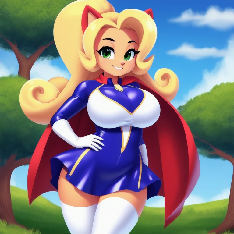 masterpiece, best quality,  <lora:dqjester-nvwls-v1-000009:0.8> dqJester, curly hair, fake rabbit ears, detached collar, bowtie, blue leotard, pantyhose, wrist cuffs, huge breasts, thighs, high heels, standing, contrapposto, closed eyes, smile, laughing, :D, lipstick, looking at viewer, field, clouds, grass
