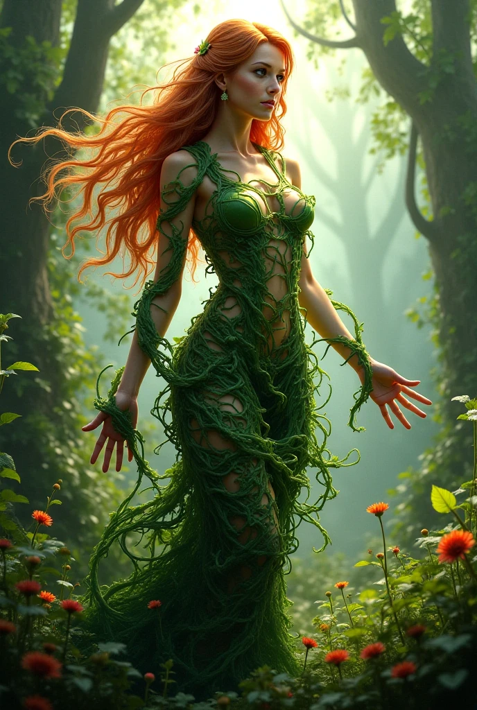 (best quality,4k,8k,highres,masterpiece:1.2),ultra-detailed,(realistic,photorealistic,photo-realistic:1.37), wide angle shot,dynamic angle, full body shot, The red plant-like woman, she has very long and wavy platinum hair,(she is wearing a biological exoskeleton covering up her entire body),((She is resting in fetal position, incubated inside an exquisite plant-like cocoon:1.5)), in her vegetal kingdom, carnivorous plants, vibrant green leaves and tendrils, alien biome, lush vegetation and exotic flowers, poison jungle, toxic and vibrant colors, mysterious atmosphere, soft and ethereal lighting, immersive and lifelike 3D rendering, botanical fantasy, intricate details on the plant bulbs, lush and intricate flora, magical and dreamlike ambience, mysterious environment, stunning contrast between the delicate features of the woman and the wild nature surrounding her, painterly style, dreamy color palette with a mix of vibrant greens and deep purples, enigmatic composition, surreal and otherworldly experience.