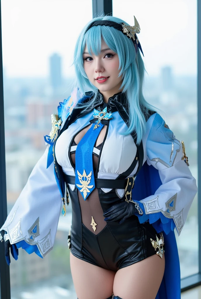 best quality, tmasterpiece,Ultra-high resolution,Clear face,(Reality:1.4),ferpect lighting,(upper body photo:1.3), (photorealistic:1.50), anime wallpaper, Guviz style artwork, cover-up fantasy up to magic , by Yang J, Guviz, beautiful artwork illustration, beautiful digital artwork, beautiful digital illustration, Li Song, beautiful anime portrait, art style in Beauvot,1girl, blue hair, short hair, thighs, hair band, bangs, symmetry eyes, Legs, street advertising, detailed face, super Giant breasts:1.5, Sagging breasts,(looking at the audience:1.2), black knee-highs, (Black pants:1.0), (black pantyhose:1), smooth chin, big eyes, (Symmetrical face:0.9), closed mouth, close to the viewer, facing the viewer, (photorealistic:1.6), bodysuit, facial details, (high waist shorts:1.2), indoor, Room background, computers,