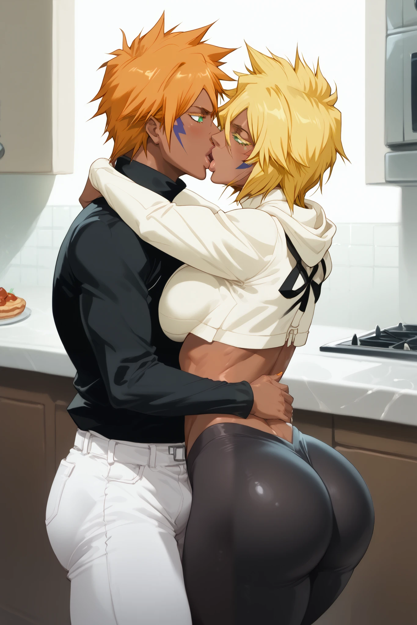 1 female, Tia harribel (Bleach) , dark skinned female , yellow haired female , short hair , female wears cropped hoodie and leggings , big tits , ass turned to viewer , halibel tier, short hair, blonde hair, green eyes, dark skin, dark-skinned female, kitchen , 1 male , ichigo kurosaki (Bleach) , Orange haired male , white skinned male , kissing ,