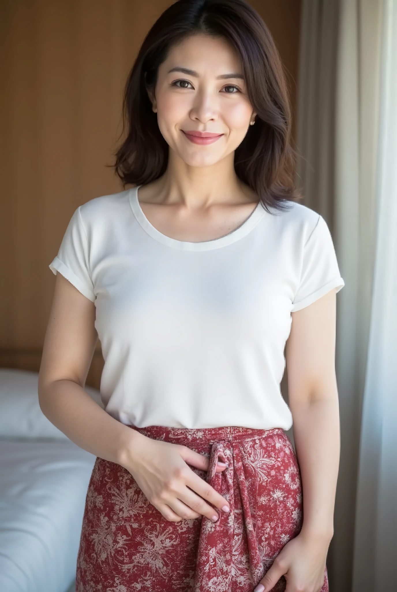 mature woman、 Japanese、48 years old (Mature Beauty: 1.5)、 kind, Enchanting Smiles 、( nasolabial fold :1.4)、 Natural Aging 、Warm Eyes 、(fitted long skirt :1.3)、 soft , Natural wrinkles 、 beautiful skin with glasses (1.4)、 very well detailed (1.4)、 Unmatched Beauty live venue with bedroom in the background 、(Eye Makeup:1.3)、 (( heavy makeup、 red lipstick :1.2))、( eyeshadow)、( mascara)、((( wave hair、 I've put together hairstyles in an update 、Short sleeve、J-Cup Big Breasts :1.3)))、 serious expression s at training camp 、 kind表情、 perfect feminine body line 、 beautiful posture standing gracefully 、 REALISTIC AND REALISTIC (1.4)、 masterpiece、 Top Quality 、 Richly written 、 physical based rendering 、 A charming atmosphere that captures joy、((( clean fabric shirt )))、(((point: Knee-to-head shooting )))、((Short sleeveニット、 Fits the body, PRINTED PENCIL SKIRT 、 pencil skirt with a length that hides the knee )) background: [bedroomをbackgroundに。 ((( [bedroom、 plump、45-year-old woman)))。((( serious expression 、 kind表情:1.3)))