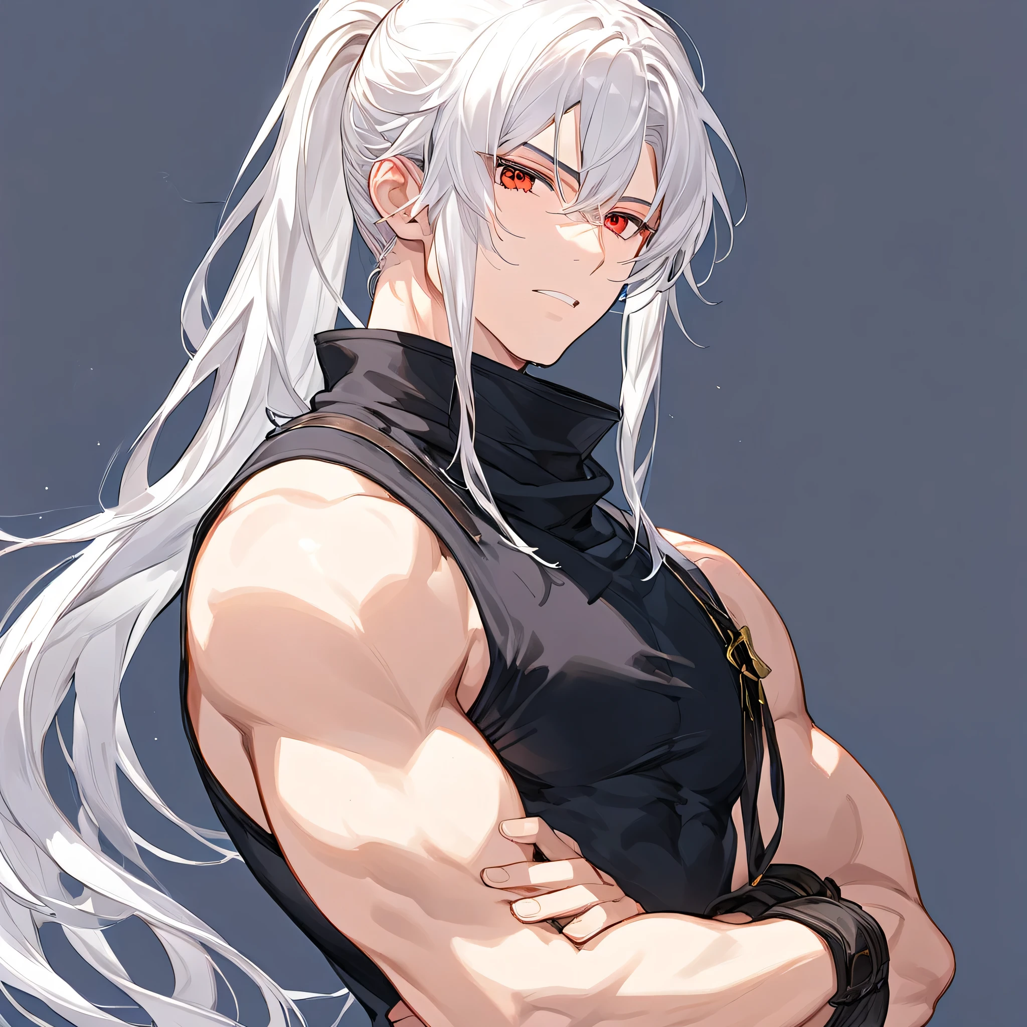 、 male、Height: 185cm、model body type、thin macho、 white hair、 red eyes、The skin is pale、black sleeveless inner、 cool series、 neutral、 youth、is cool、M-shaped bang bangs、1人の male、 manly、long hair、ponytail、Ninja、1boy 