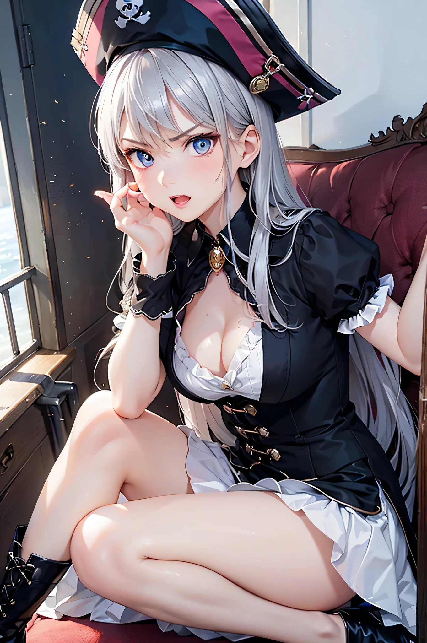 (Enrich the picture,Masterpiece level quality)Beautiful 8K CG artwork,Goddess-like posture,sittinng on the river,Postural exercises,Slim and soft,Translucent skin,Silver hair、The beauty of extra-long hair, Super Long Straight Hair,The skin is fair and juicy,Big breasts underwear uniform,Perspective Part 1.2x enhanced silhouette effect,Exquisite transparent blues pattern in pajamas,The details are intricate and exquisite,The background is slightly blurred,Charming and lustful leg seduction,Drool,K cup big breasts,Blush,Japan goddess,Perfect body slim curves,Scene by the sea,