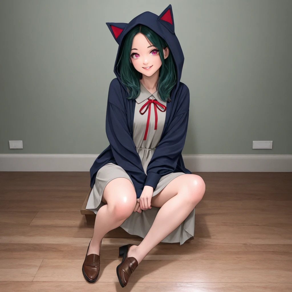 Night bedroom standing red hood playful cat tail girl --auto
