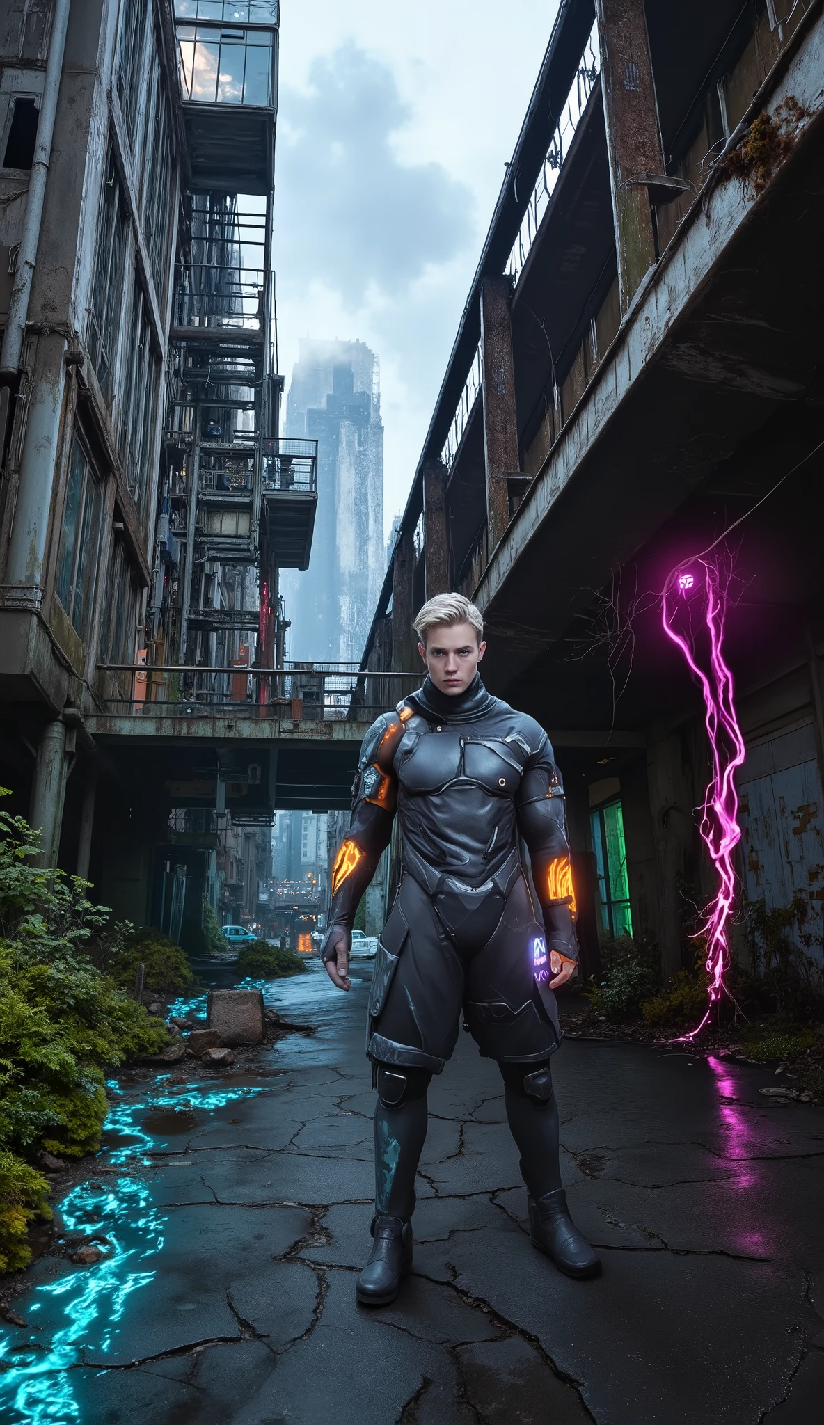 Masterpiece, Accurate, Award Winning, Best Quality, Extremely Detailed, 8K, HD, Super-Resolution, Dynamic Depth of Field, Photorealistic, Full Coloured, Realistic Skin and Hair Texture, ((a 25-year-old, platinum blonde Nordic cybernetic explorer with ice-blue eyes, high cheekbones, a strong angular jawline, and a powerfully sculpted physique, cautiously standing in a decayed alleyway where bioluminescent vines in hues of emerald, sapphire, and neon pink have begun reclaiming the abandoned cityscape)). His ((minimalist, futuristic gear is form-fitting and reinforced with sleek biomechanical plating, the structured fabric hugging his muscular chest, broad shoulders, and thick arms, while advanced cybernetic joints in his shoulders and elbows reflect the eerie neon glow of the overgrown surroundings)). His ((intense gaze sweeps the crumbling environment, his posture alert as he visually scans the towering structures covered in glowing vegetation, their tendrils weaving through fractured concrete and rusted steel beams, casting vibrant reflections against the slick, rain-slicked pavement beneath him)). His ((gloved hand is raised slightly, fingers hovering over the cracked surface of the techno-synthetic ground, its embedded circuitry pulsing faintly, emitting a soft, iridescent light that flickers between the roots of the encroaching biomechanical flora)). The background features ((abandoned skyscrapers with shattered windows, their glass surfaces catching distorted neon reflections, metal walkways covered in luminescent moss, and thick mist rolling in from the depths of the ruined city, partially obscuring the distant skyline where faint mechanical structures loom against the artificial haze)). Shot on ((Canon EOS R5, RF 50mm f/1.2L lens, f/2.0 aperture, 1/250 shutter speed, cinematic cyberpunk lighting with high contrast, neon reflections creating depth and atmospheric layering, deep shadows enhancing the sharp details of fabric, synthetic surfaces, and organic overg