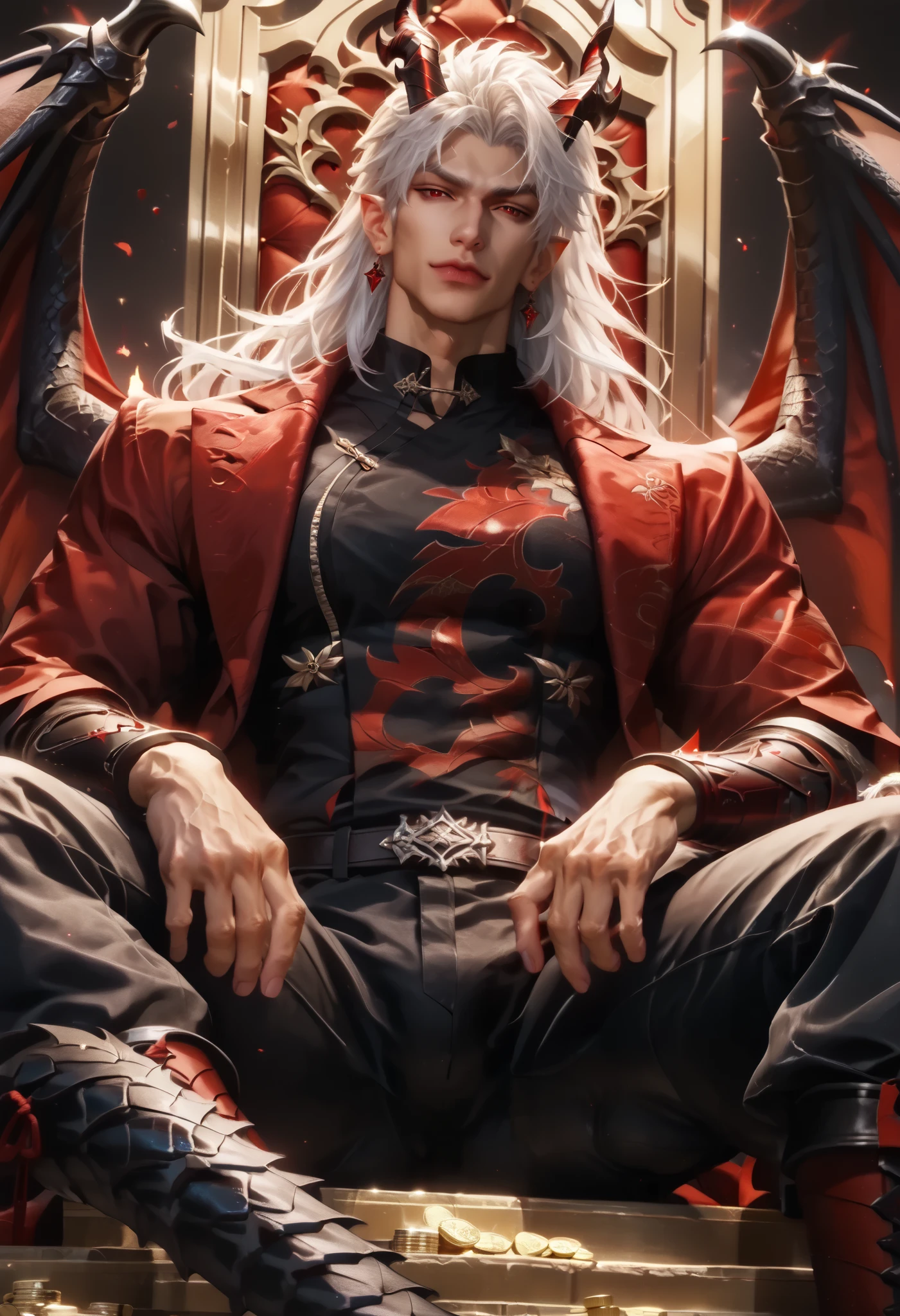 Anime illustration semi-realism of Chinese human dragon hybrid male, semi realistic, muscular, very broad shoulders, smaller waist, slightly muscular body, Asian eyes, monolid eyes, long hair, (((long white hair))), pretty lips, (((red eyes))), sleek design, evil smirk, masculine facial features, detailed face, handsome face, sharp facial features, sitting leaning back on big golden throne on top of gold coins arms on armrest, looking at viewer, dynamic light, black and red dragon wings, (((black dragon horns))), (((has a black dragon tail))), black and red armor, black red pointy jagged sharp hand armor, black red pointy jagged sharp body armor, leather long-sleeved shirt, leather pants, full body picture, big bulge,