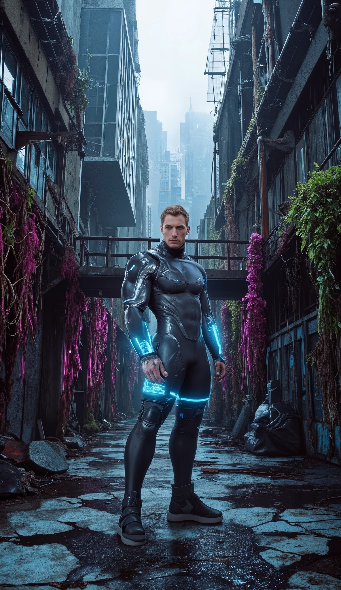 Masterpiece, Accurate, Award Winning, Best Quality, Extremely Detailed, 8K, HD, Super-Resolution, Dynamic Depth of Field, Photorealistic, Full Coloured, Realistic Skin and Hair Texture, ((a 25-year-old, platinum blonde Nordic cybernetic explorer with ice-blue eyes, high cheekbones, a strong angular jawline, and a powerfully sculpted physique, cautiously standing in a decayed alleyway where bioluminescent vines in hues of emerald, sapphire, and neon pink have begun reclaiming the abandoned cityscape)). His ((minimalist, futuristic gear is form-fitting and reinforced with sleek biomechanical plating, the structured fabric hugging his muscular chest, broad shoulders, and thick arms, while advanced cybernetic joints in his shoulders and elbows reflect the eerie neon glow of the overgrown surroundings)). His ((intense gaze sweeps the crumbling environment, his posture alert as he visually scans the towering structures covered in glowing vegetation, their tendrils weaving through fractured concrete and rusted steel beams, casting vibrant reflections against the slick, rain-slicked pavement beneath him)). His ((gloved hand is raised slightly, fingers hovering over the cracked surface of the techno-synthetic ground, its embedded circuitry pulsing faintly, emitting a soft, iridescent light that flickers between the roots of the encroaching biomechanical flora)). The background features ((abandoned skyscrapers with shattered windows, their glass surfaces catching distorted neon reflections, metal walkways covered in luminescent moss, and thick mist rolling in from the depths of the ruined city, partially obscuring the distant skyline where faint mechanical structures loom against the artificial haze)). Shot on ((Canon EOS R5, RF 50mm f/1.2L lens, f/2.0 aperture, 1/250 shutter speed, cinematic cyberpunk lighting with high contrast, neon reflections creating depth and atmospheric layering, deep shadows enhancing the sharp details of fabric, synthetic surfaces, and organic overg