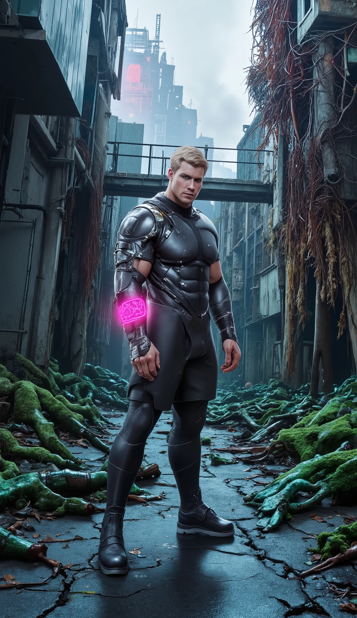 Masterpiece, Accurate, Award Winning, Best Quality, Extremely Detailed, 8K, HD, Super-Resolution, Dynamic Depth of Field, Photorealistic, Full Coloured, Realistic Skin and Hair Texture, ((a 25-year-old, platinum blonde Nordic cybernetic explorer with ice-blue eyes, high cheekbones, a strong angular jawline, and a powerfully sculpted physique, cautiously standing in a decayed alleyway where bioluminescent vines in hues of emerald, sapphire, and neon pink have begun reclaiming the abandoned cityscape)). His ((minimalist, futuristic gear is form-fitting and reinforced with sleek biomechanical plating, the structured fabric hugging his muscular chest, broad shoulders, and thick arms, while advanced cybernetic joints in his shoulders and elbows reflect the eerie neon glow of the overgrown surroundings)). His ((intense gaze sweeps the crumbling environment, his posture alert as he visually scans the towering structures covered in glowing vegetation, their tendrils weaving through fractured concrete and rusted steel beams, casting vibrant reflections against the slick, rain-slicked pavement beneath him)). His ((gloved hand is raised slightly, fingers hovering over the cracked surface of the techno-synthetic ground, its embedded circuitry pulsing faintly, emitting a soft, iridescent light that flickers between the roots of the encroaching biomechanical flora)). The background features ((abandoned skyscrapers with shattered windows, their glass surfaces catching distorted neon reflections, metal walkways covered in luminescent moss, and thick mist rolling in from the depths of the ruined city, partially obscuring the distant skyline where faint mechanical structures loom against the artificial haze)). Shot on ((Canon EOS R5, RF 50mm f/1.2L lens, f/2.0 aperture, 1/250 shutter speed, cinematic cyberpunk lighting with high contrast, neon reflections creating depth and atmospheric layering, deep shadows enhancing the sharp details of fabric, synthetic surfaces, and organic overg