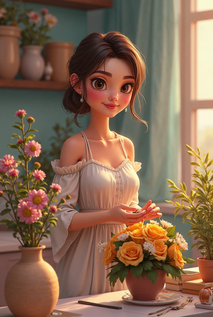 **imageio:**
**fund:** A soft and elegant setting, WITH PASTEL TONES, perhaps a garden or a room decorated with refined elements.
**main character:** A woman with features that reflect charm and elegance. She wears a sophisticated, well-fitting dress., with subtle details that enhance your beauty. The style can be classic, mas com um toque moderno.
**Posture and Expression:** The woman is standing or in a graceful pose, with a friendly and warm smile. Your posture should convey confidence and kindness..
**Accessories:** Accessories delicados, like discreet earrings and an elegant necklace, that complement the look without overloading it.
**enviroment:** Elements that convey beauty and sophistication, like fresh flowers, a table with fine items or subtle decoration that highlights the character's style.
