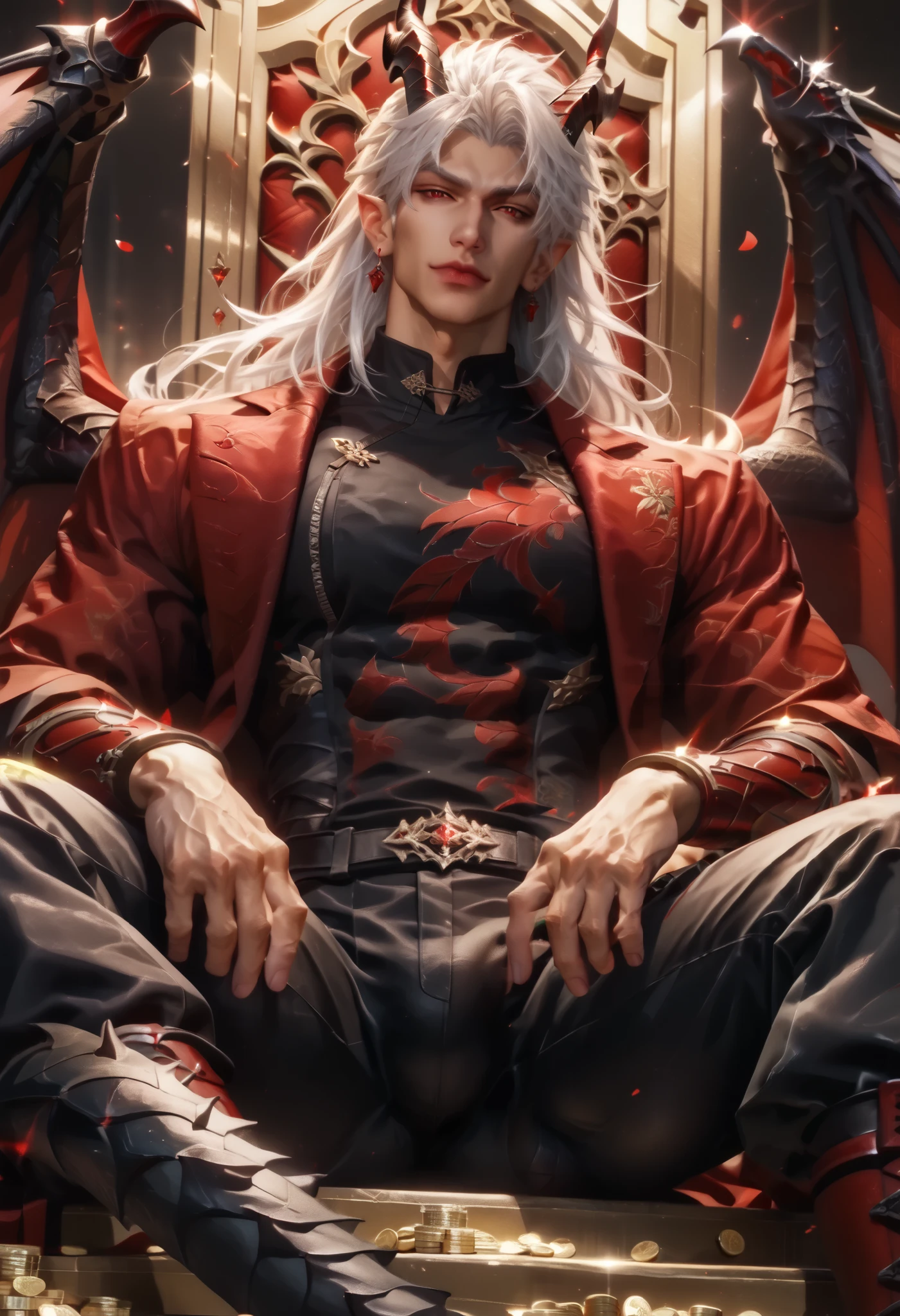 Anime illustration semi-realism of Chinese human dragon hybrid male, semi realistic, muscular, very broad shoulders, smaller waist, slightly muscular body, Asian eyes, monolid eyes, long hair, (((long white hair))), pretty lips, (((red eyes))), sleek design, evil smirk, masculine facial features, detailed face, handsome face, sharp facial features, sitting leaning back on big golden throne on top of gold coins arms on armrest, looking at viewer, dynamic light, black and red dragon wings, (((black dragon horns))), (((has a black dragon tail))), black and red armor, black red pointy jagged sharp hand armor, black red pointy jagged sharp body armor, leather long-sleeved shirt, leather pants, full body picture, big bulge, very big bulge,