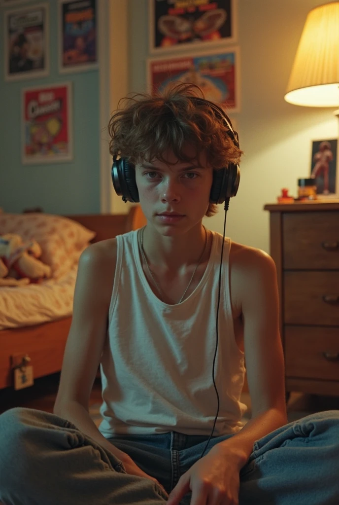 lomo portrait of a shirtless 1boy wearing orange speedos and an nice t-shirt, playing a video game, cute face, solar punk, intricate technology, oil painting by Carl Spitzweg, science fiction water color