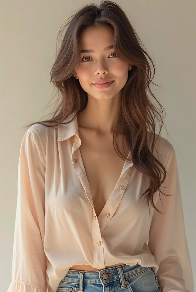 A fair-skinned Japanese woman wearing an oversized, loose T-shirt。Smiling。On all fours。Her large breasts are visible through the gap between her neck and her T-shirt.。Selfie style。