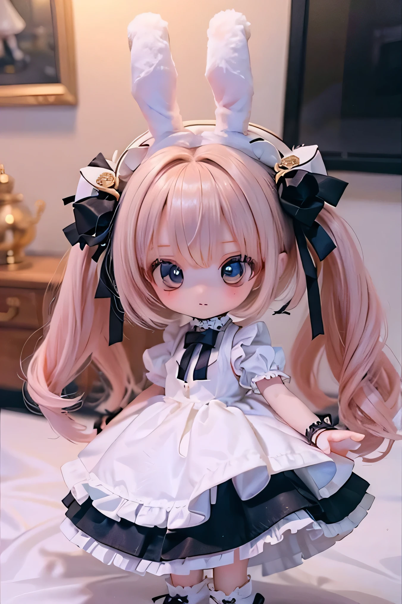 rabbit girl 、 chibi 、 young girl、 Tea in a tea room dressed in gothic ta clothes