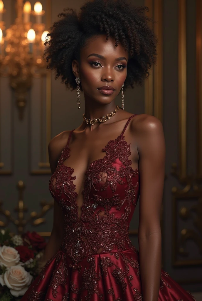 Fashion model photography, sensual black lace dress, strong design sense, medium shot, South african beauty model, short hair in red and black color blended, hair accessories, delicate skin, necklace, simple background, high texture, colorful backlight, professional studio lighting