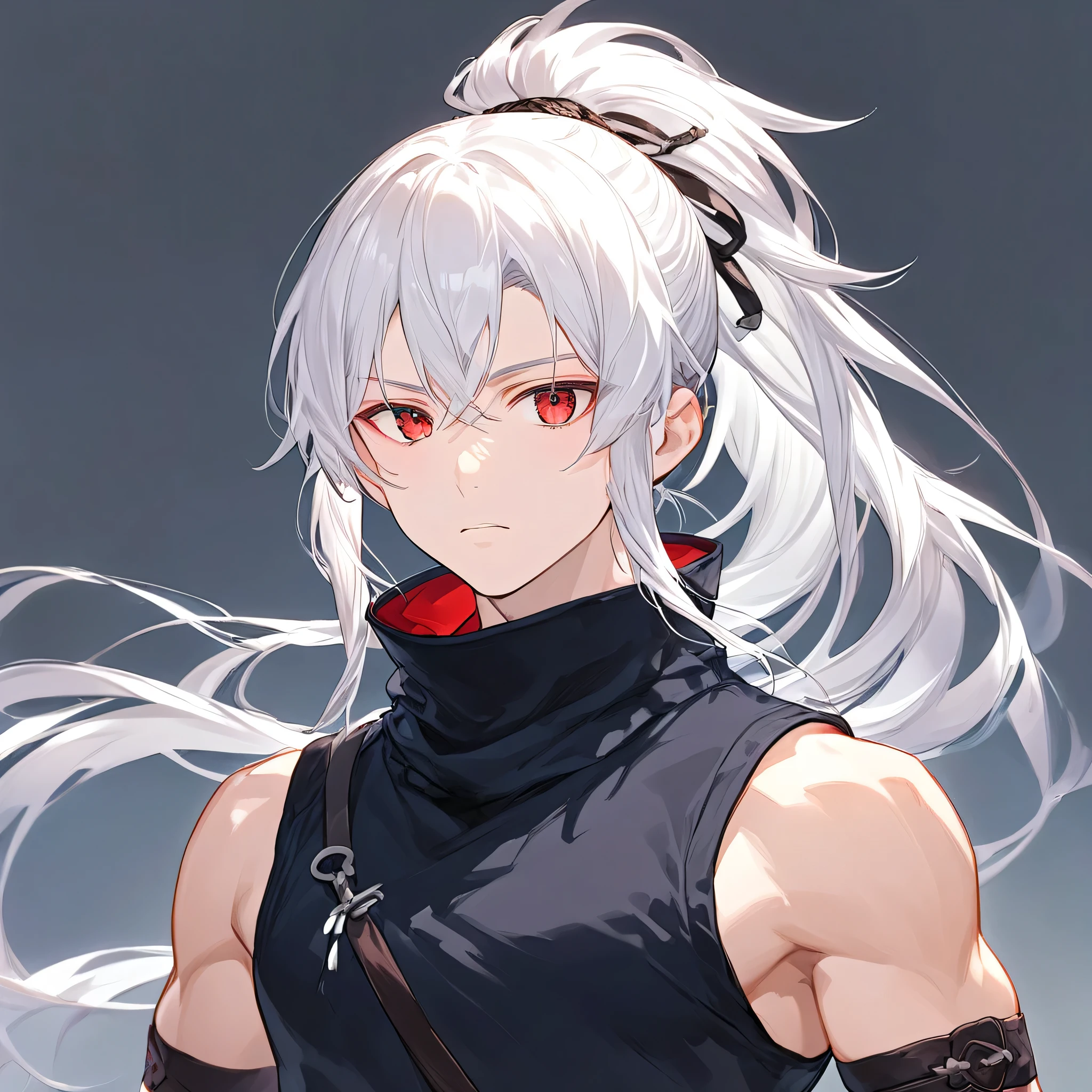 Age 15、 male、Height: 185cm、model body type、thin macho、 white hair、 red eyes、The skin is pale、black sleeveless inner、 cool series、 neutral、 youth、is cool、M-shaped bang bangs、1人の male、 manly、long hair、ponytail、Ninja