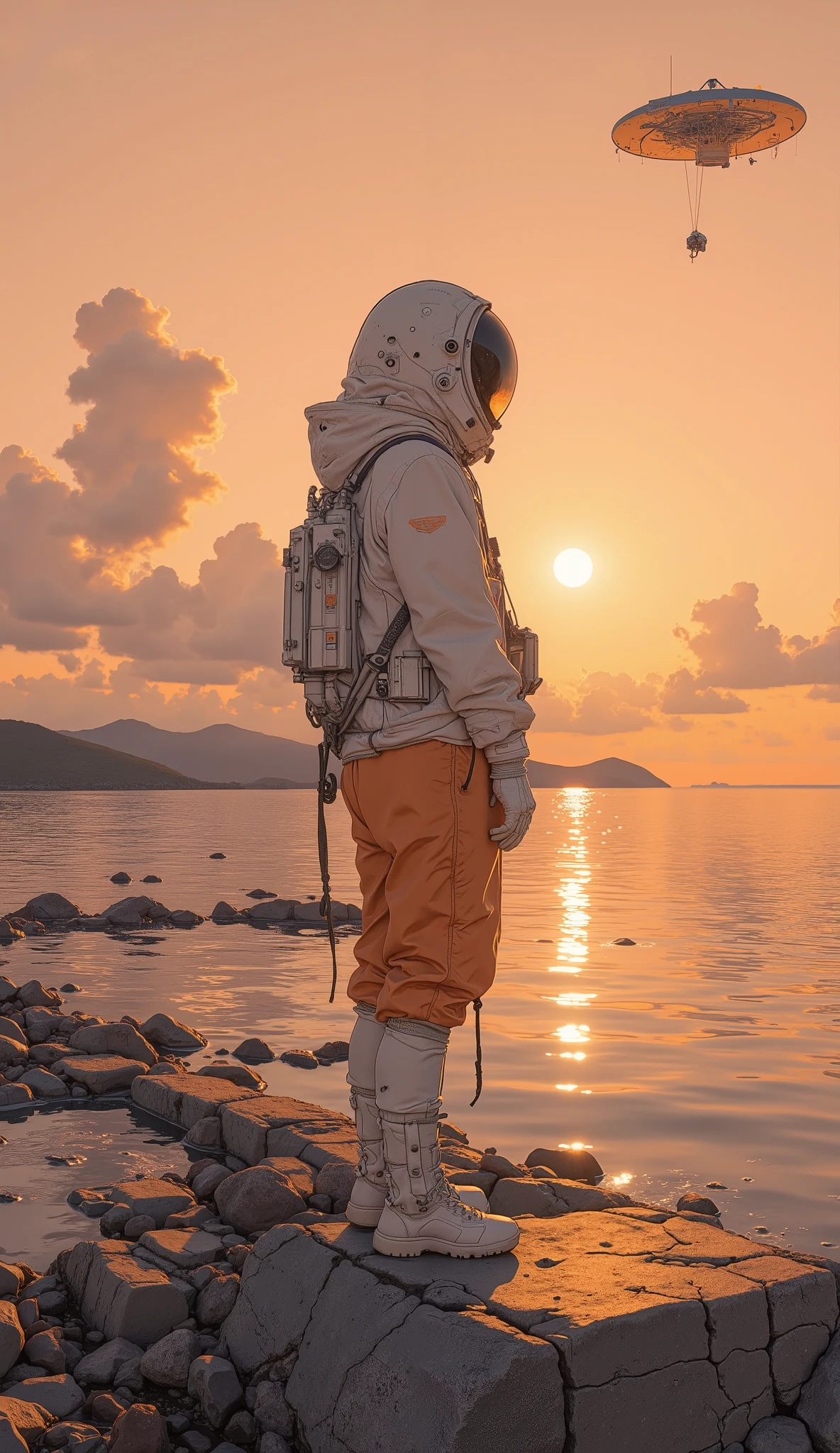  Fisheye 、upper body、 backlit、(surreal),(best quality), (masterpiece), beautiful woman under hoodie, Woman standing on a breakwater communicating with a geostationary satellite, viewers next to him、 Backlit Silhouette , is wearing a white and orange spacesuit, Have a helmet、One cloud floating in the sky at sunrise, Mountain々Nyudo clouds floating above, Extremely High Resolution Photos, Great concentration,  amazing bokeh 、The small spaceship that crashed into the ocean、