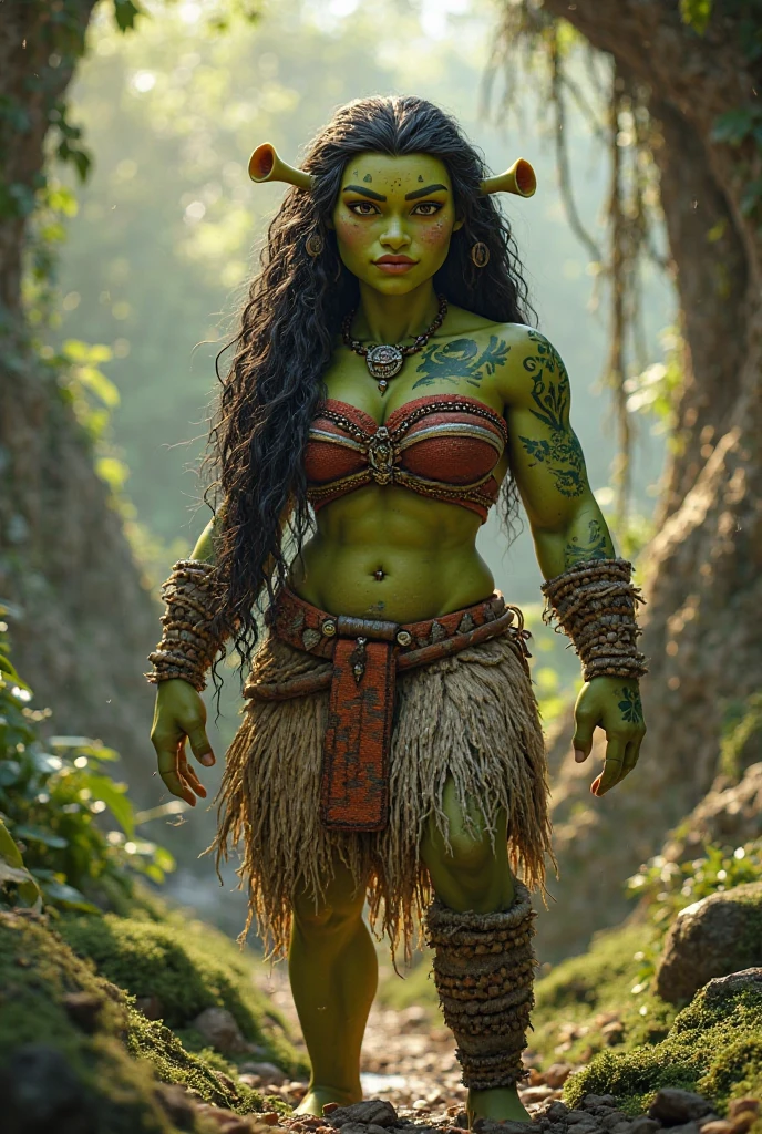 woman in her 20s, (perfect face), defined jawline, beautiful lips, (beautiful bright red eyes), (long black braided ponytail:1.2), (green skin:1.3), (perfect anatomy), (athletic body), (sexy), exposed midriff, abs, (perfect hands), (black intricate sleeveless tribal dress:1.2), (intricate silver arm bracers studded with gems), (intricate ancient tribal bone necklace), (looking at viewer), (medium shot photograph), (ancient tribal village background), photorealistic