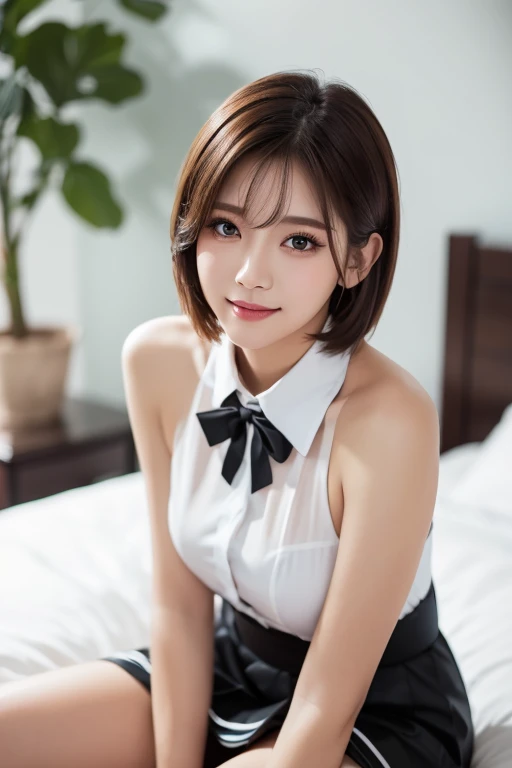 8k, Ultra-high resolution, highest quality, masterpiece, Surreal, photograph, 1 girl, (16 years old:1.3), cute女の子, cute顔, Beautiful eyes in every detail, 細かくdetailedに,masterpiece,Japan Female Announcer,(8k, highest quality, masterpiece:1.2), (SFW:1.3), (Realistic, photo-Realistic:1.37), 非常にdetailed, 1 girl, cute, alone, 美しくdetailedな空, Detailed cafe, at night, Sitting, Date, (Red nose), (smile:1.1), (Mouth closed), Medium chest, Beautiful fine details, (Collared shirt:1.1), bow tie, Pleated skirt, (short hair:1.2), Flowing Hair、 Sexy pose、See through 、Looking at the audience、beauty,Long neck、Laugh a little、Please close your mouth and laugh、(((Ideal body type))),A-cup small breasts :2,、Portraiture:2、Perfect Anatomy、鮮明なdetailed、detailed、Surreal、Light and shadow,Strong light,Fashion magazine cover,Thin lips