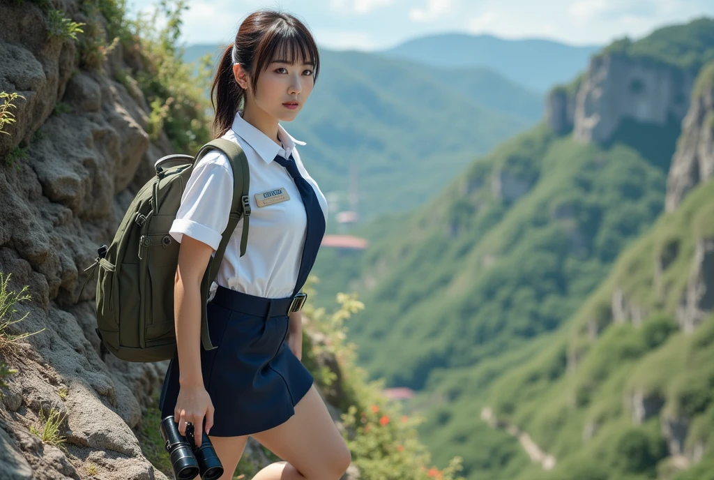 ((top-quality、in 8K、masterpiece:1.3、Raw photo))、Super high quality photos, In the tropical jungle, ((Wearing a business suit)), ((Wear a white blouse shirt under the jacket)), ((Perfect beauty 20 year old idol Japan woman)), ((a smile)), ((protruding nipples under the shirt,,)), ((slim figure)), ((Slim legs)), ((slim thigh)), ((Perfect beauty 20 year old idol Japan woman)), (Photorealistic: 1.4), (Ultra-high detail), (hyper realisitic: 1.4), (Realistic: 1.3), (Smooth lighting: 1.05), Full body, 1girl in, Solo, (Japanese actressl), 20yr old, cinematlic lighting, ((slim figure)), ((Leaner figure)), Good anatomy, Correct anatomy, In the tropical jungle, ((Perfect beauty 20 year old idol Japan woman)), ((slim figure)), ((Slim legs)), ((slim thigh)), ,((Perfect beauty)), ((He has a small camping bag in one hand.)), ((Panties are visible through the skirt)), ((a smile)), ((camel's toe)), ((legs slightly spread)), ((Looking back)),