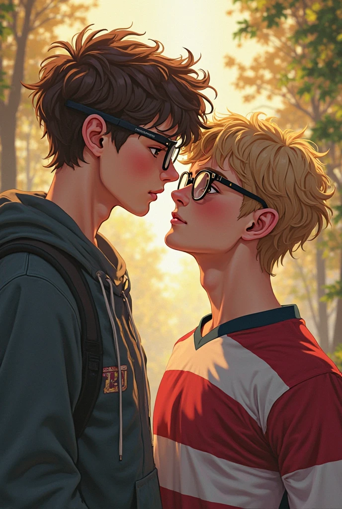 Two gay boys kiss, one boy is white, blond, with blue glasses, the other is black, wears black glasses and has curly hair. 