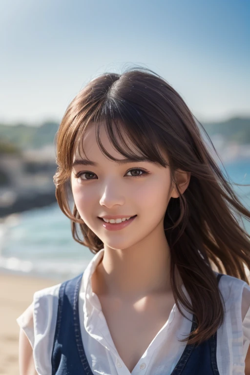 ((top-quality、8K、masterpiece:1.3))、1girl in、Slim beautiful woman:1.3、(Casual Hairstyles、huge tit:1.2)、Casual clothing:1.2、By the sea、Super Detail Face、Delicat eyes、二重まぶた、kindly smile