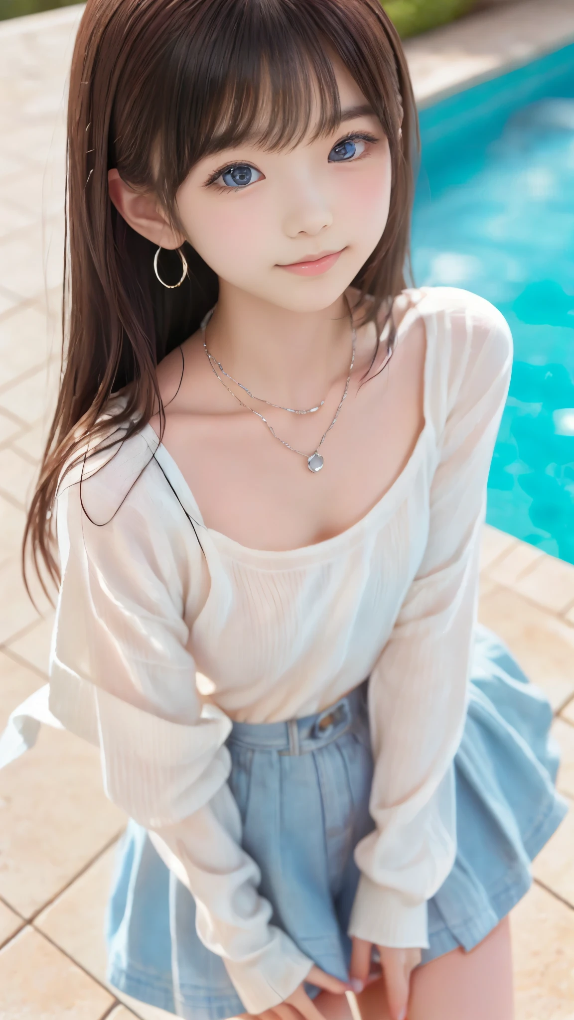 earrings、necklaces、beautiful輝きを放つ白い肌, unrivaled beauty , bright, Fresh and gentle look , 完璧なbeautifulcute顔, shiny platinum blonde silky long straight hair, beautiful光沢のある前髪, So beautiful、beautiful4Age Girl, eyeliner, とても完璧でbeautiful, blue eyes like big clear sky, very beautiful bright eye highlights, ((one girl, alone)), poolside 、cute、、(超絶cute水着ファッション)、(detailed hands:1.3, perfect right hand:1.2), ( detailed legs:1.3, thin thighs below eyes:1.2, beautiful feet), (Small beautiful breasts)