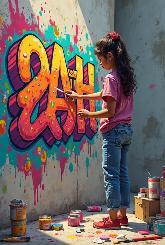 A , brown-haired girl with long curly hair is drawing graffiti. 