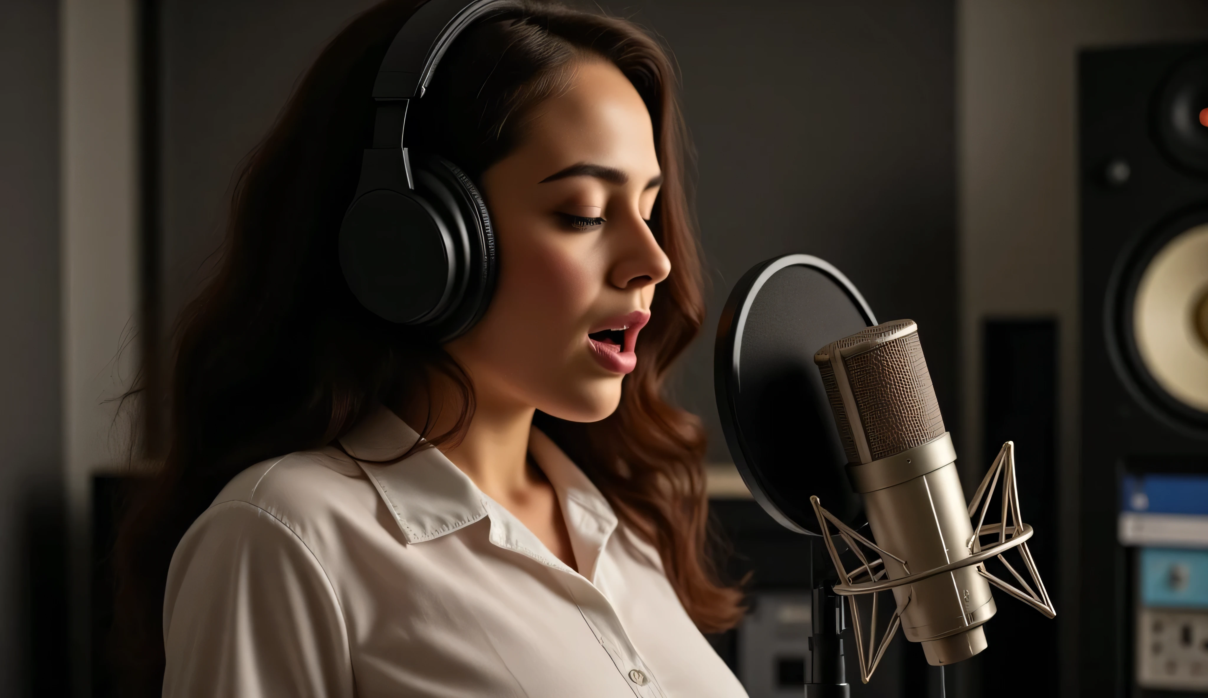A young woman with long, wavy brown hair and fair skin, standing in a professional recording studio. She wears a crisp white button-up shirt, slightly loose-fitting, giving a stylish yet casual vibe. A pair of large over-ear studio headphones rest on her head as she sings passionately into a high-quality condenser microphone with a pop filter. Her eyes are closed, fully immersed in the music. The recording booth is dimly lit, with soft ambient lighting casting a cinematic glow around her. In the background, blurred studio equipment and soundproofing panels create an authentic music production atmosphere. The composition follows a close-up perspective, capturing her emotion and the details of the recording environment. Created using cinematic lighting, realistic textures, soft depth of field, high-definition details, and an immersive studio ambiance. --ar 16:9