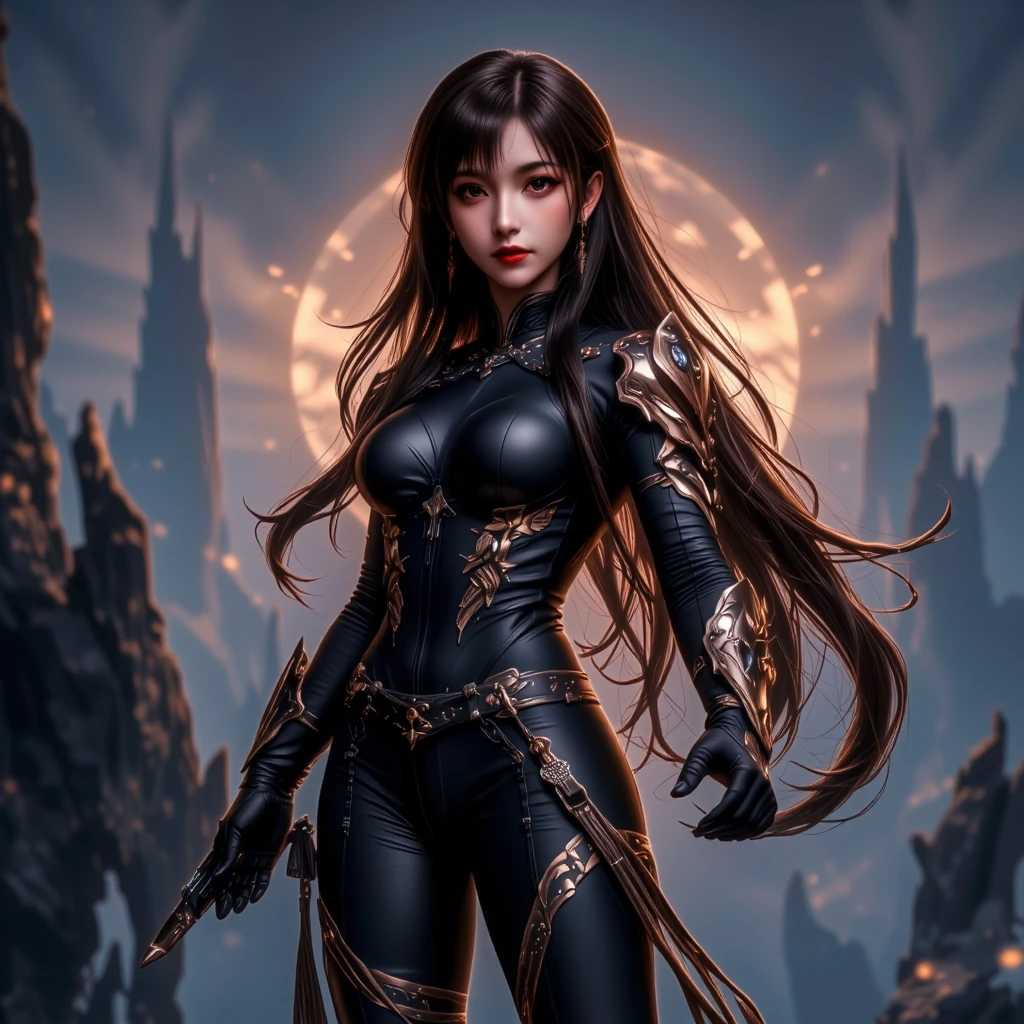 A female warrior, the Goddess of Thunder, stands with a regal and imposing presence. Her armor is a radiant blend of futuristic cybernetic design and ancient Greek-inspired motifs, adorned with lightning bolts and celestial symbols. She wields a mighty thunder hammer crackling with energy, ready for battle. The middle ground showcases a cosmic arena, with swirling galaxies and constellations forming a mesmerizing backdrop. Ethereal beings watch from a distance, their shimmering forms adding a mystical quality to the scene. In the background, storm clouds gather ominously, illuminated by flashes of lightning and bursts of celestial light. The lighting is dramatic, with shafts of light breaking through the celestial clouds to highlight the Goddess of Thunder., motion blur, cinematic lighting, UHD, anatomically correct, super detail, 4K