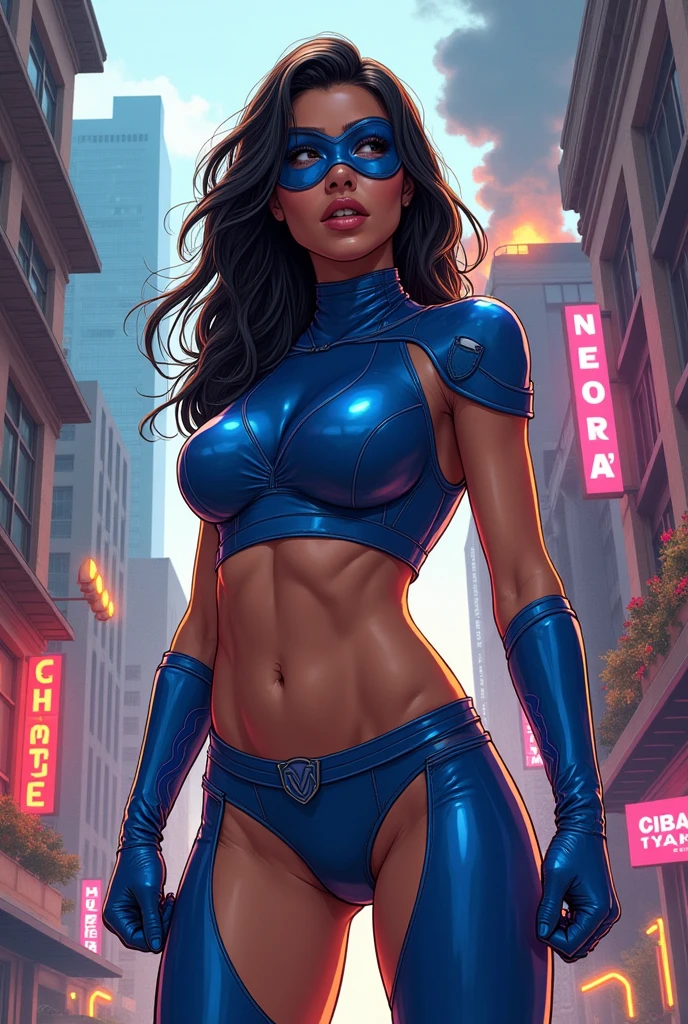 a tan skinned super heroine standing with her hands on her hips. She wears a blue leotard with a zipper in the front (partially unzipped), thigh high black boots. 1woman , curvy, large breasts, thic thighs, slim waist. ((black hair)), long hair, tanned skin, brown eyes. (detailed eyes, detailed face), smile, red lips. Square jaw, high cheekbones, strong jaw line. Show her in a heroic pose with hands on her hips. city background. intricate details, (highres:1.3), (4k,8k,best quality, masterpiece), full-body image, volumetric lighting, lens flare.
