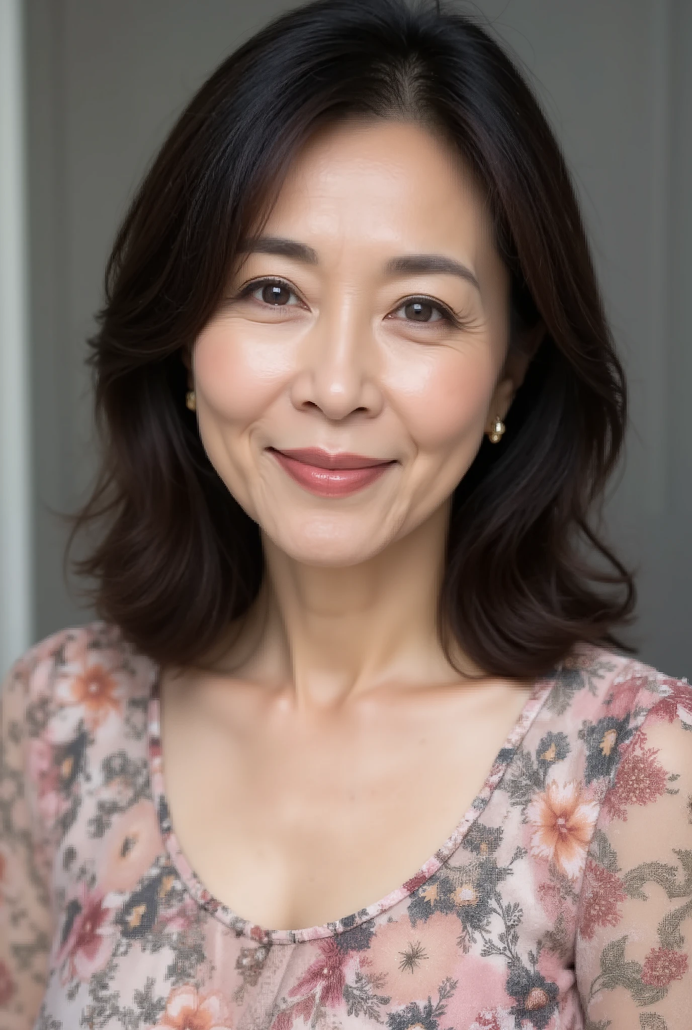 A close-up image of a middle-aged Japanese woman wearing a floral print A-line dress with a soft scoop neckline. She has semi-long wavy hair , kind smile, in、lightly resting her hands on shoulders . There is a gray wall with a hint of a floral pattern in the background . mature woman, semi-long wavy hair , Soft and gentle facial features , Fine wrinkles, Hi-Res, masterpiece, Highest quality, high detail, official: 1.4, realistic: 1.2, hyper-realistic: 1.1, photorealistic: 1.37, sharp concentration: 1.4, depth of writing, Price Earnings Ratio, unrivaled beauty , Ultimate beauty, I'm applying lipstick : 1.1, eyeliner: 1.2, mascara, eyeshadow, 48 years old: 1.4, Japanese, close-up, fine laugh lines: 1.2."