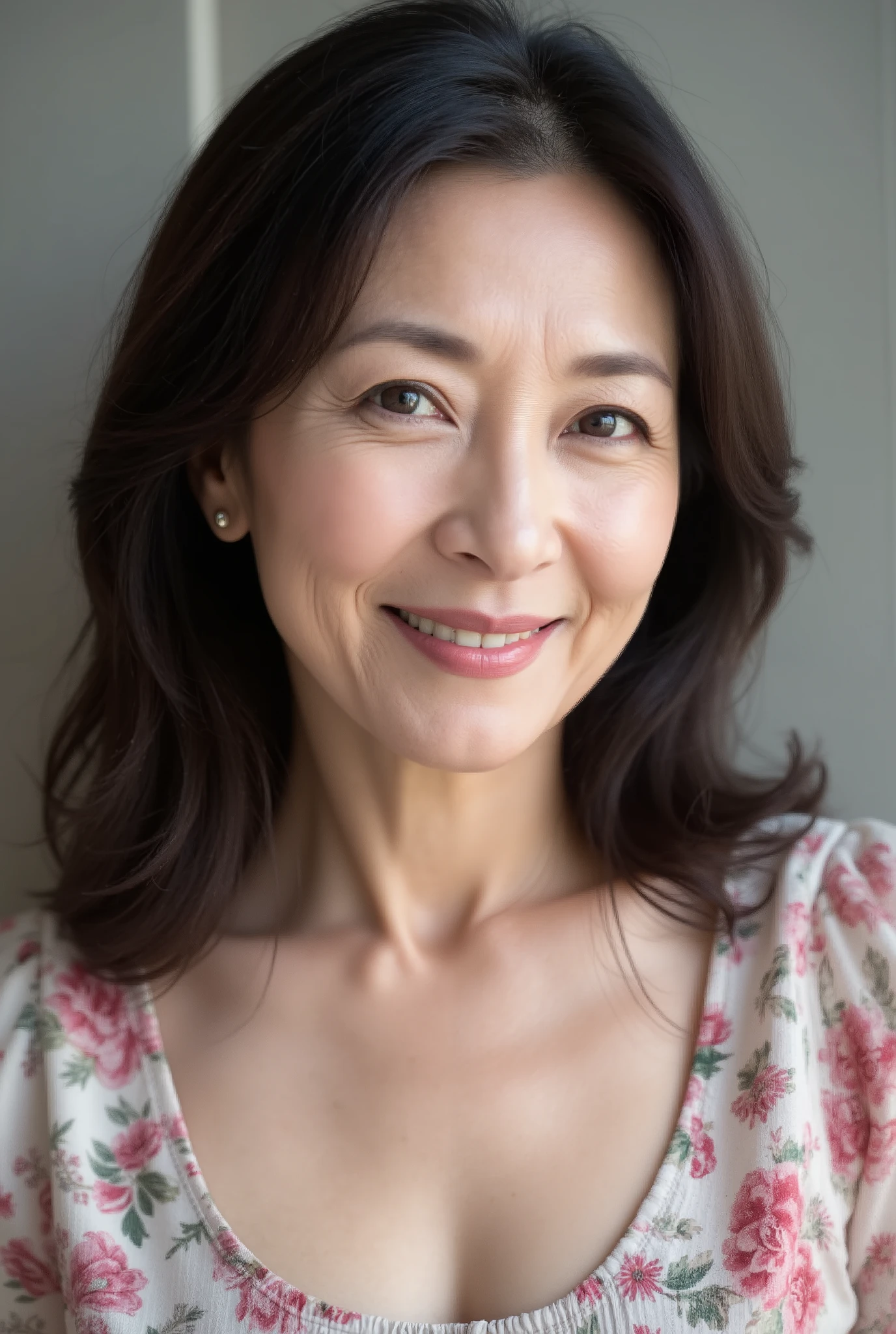 A close-up image of a middle-aged Japanese woman wearing a floral print A-line dress with a soft scoop neckline. She has semi-long wavy hair , kind smile, in、lightly resting her hands on shoulders . There is a gray wall with a hint of a floral pattern in the background . mature woman, semi-long wavy hair , Soft and gentle facial features , Fine wrinkles, Hi-Res, masterpiece, Highest quality, high detail, official: 1.4, realistic: 1.2, hyper-realistic: 1.1, photorealistic: 1.37, sharp concentration: 1.4, depth of writing, Price Earnings Ratio, unrivaled beauty , Ultimate beauty, I'm applying lipstick : 1.1, eyeliner: 1.2, mascara, eyeshadow, 48 years old: 1.4, Japanese, close-up, fine laugh lines: 1.2."