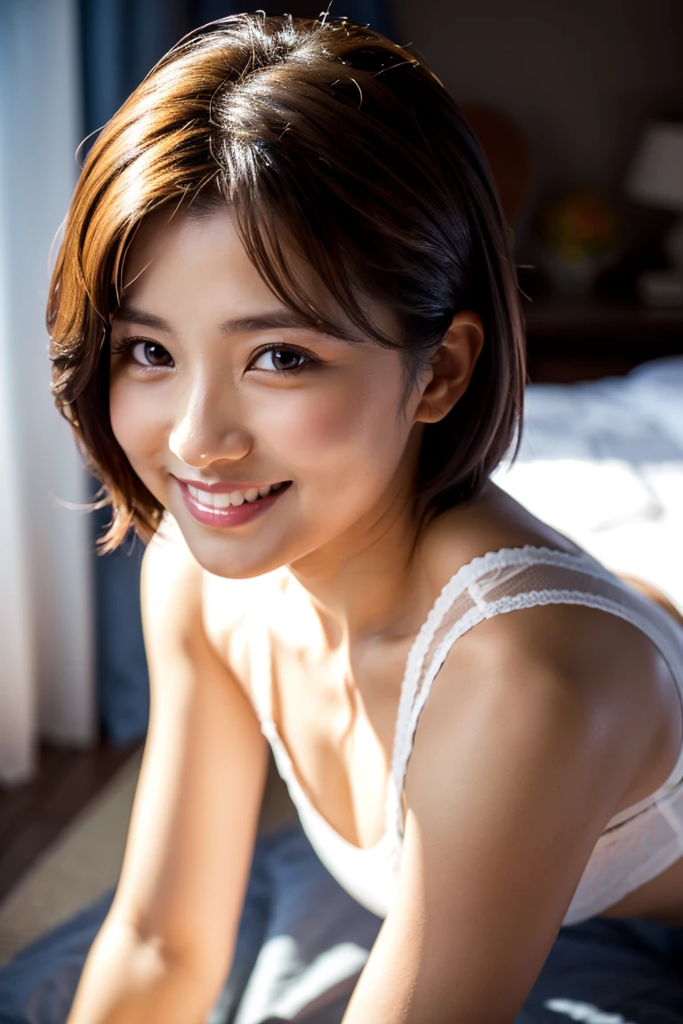 8k, best quality, 1girl, A Japanese young woman, in hotel room, (smiling:1.3), a close-up, short hair, crystal clear white skin, detailed eyes, detailed lips, wearing a sexy white negligee,
