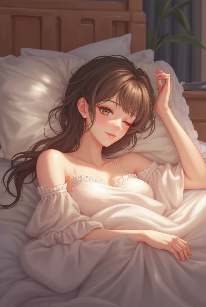 DETAILED, DENSE, MASTERPIECE, one girl, beautiful, wearing white cardigan, one girl lying on bed with blanket, brown hair, 22 years old, smooth skin, glowing skin, glowing hair, clear eyes, glowing eyes, brown eyes, soft lips, pale pink lips, (viewer Looking down: 0. 8) smiling slightly, cheeks stained, shy, mouth open, bangs, white sleeves, white clothing, one girl, soft skin, large breasts, glowing skin, cinematic lighting, rich lighting, room lighting, simple gold necklace, diamond necklace, white Lace bra, white lace panties, white lace underwear, high angle, low angle, (Masterpiece: 1.0), (Realistic: 1.6), (Soft Focus: 1.5)