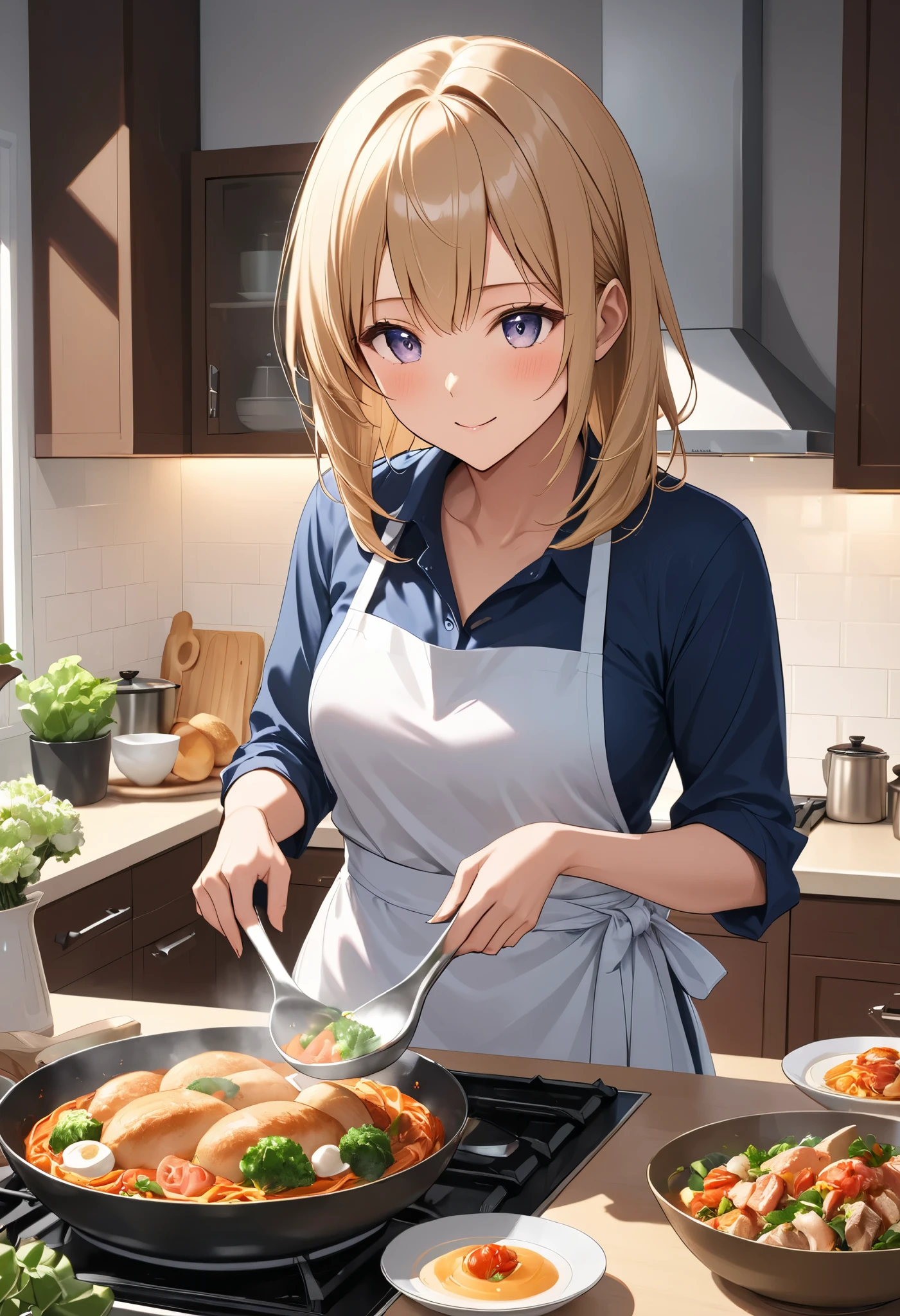 Adult woman cooking, Alone, I'm making very tasty food, Simple face-to-face kitchen at home, Beautifully decorated dishes adorn the dining table, I'm looking forward to my family's return。