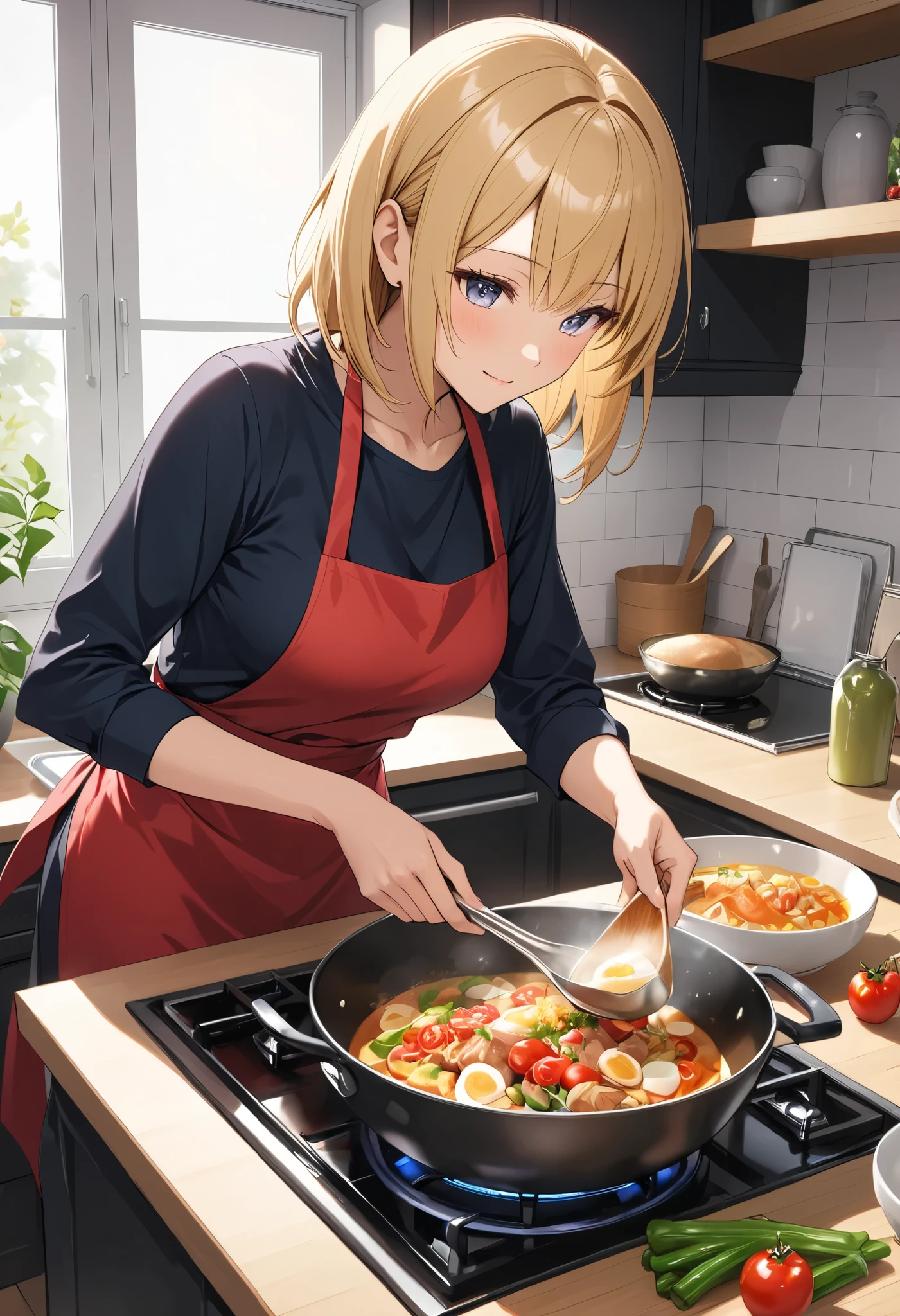 Adult woman cooking, Alone, I'm making very tasty food, Simple face-to-face kitchen at home, Beautifully decorated dishes adorn the dining table, I'm looking forward to my family's return。