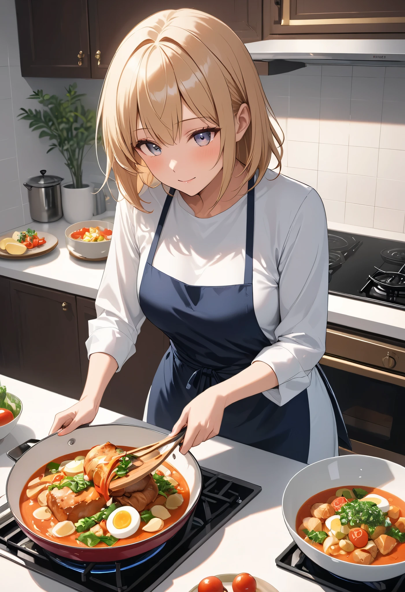 Adult woman cooking, Alone, I'm making very tasty food, Simple face-to-face kitchen at home, Beautifully decorated dishes adorn the dining table, I'm looking forward to my family's return。