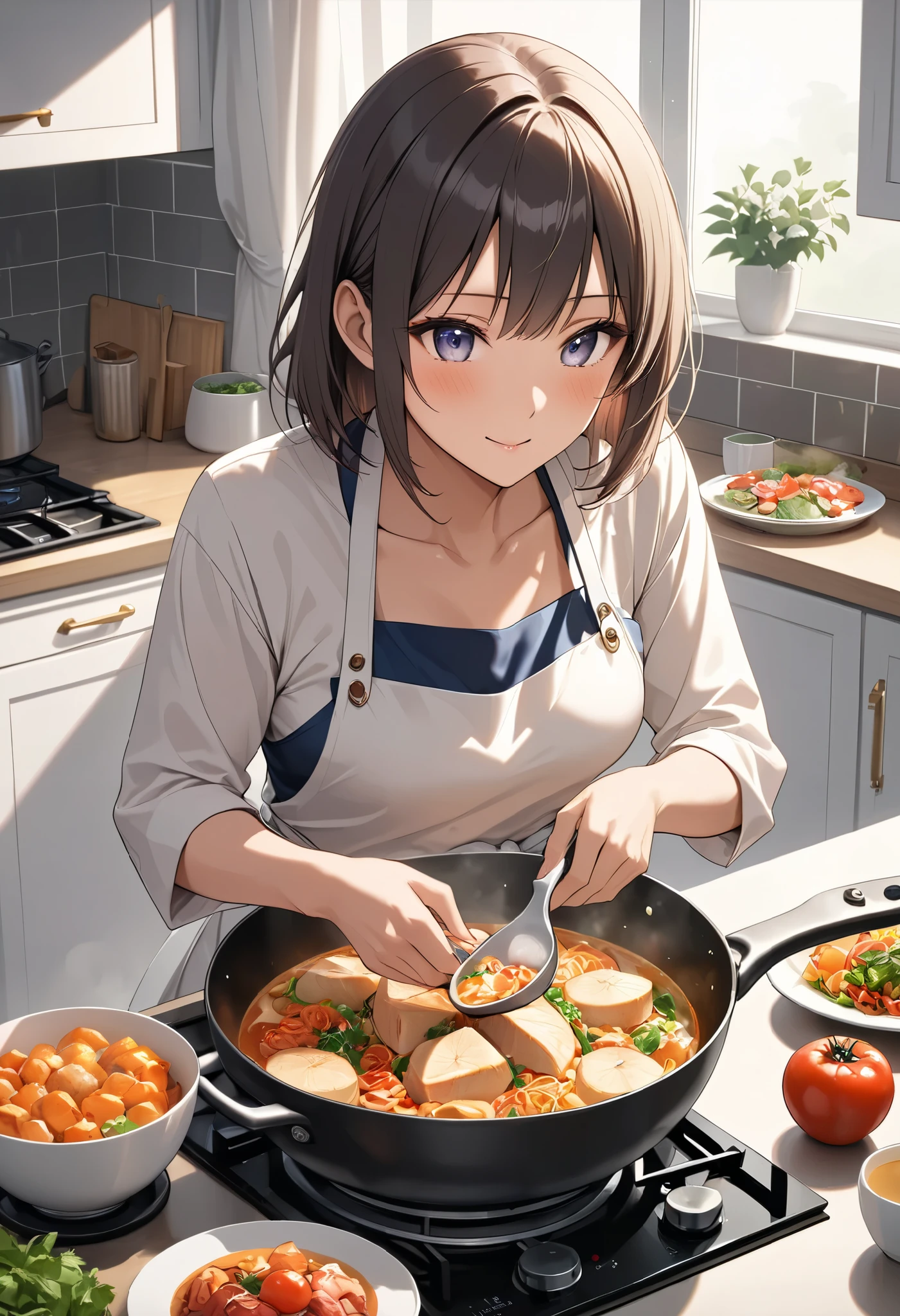 Adult woman cooking, Alone, I'm making very tasty food, Simple face-to-face kitchen at home, Beautifully decorated dishes adorn the dining table, I'm looking forward to my family's return。