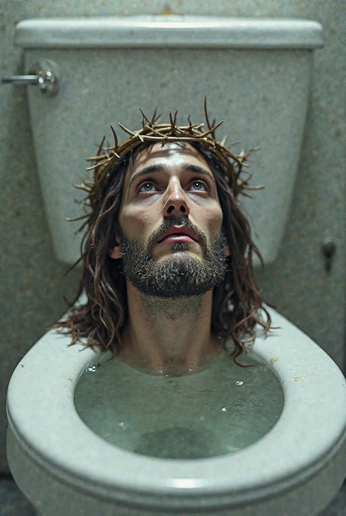 A hot naked smiling Jesus got sprayed at with a white slimy and sticky substance that drips down and covers his face and chest while he is bearing his cross