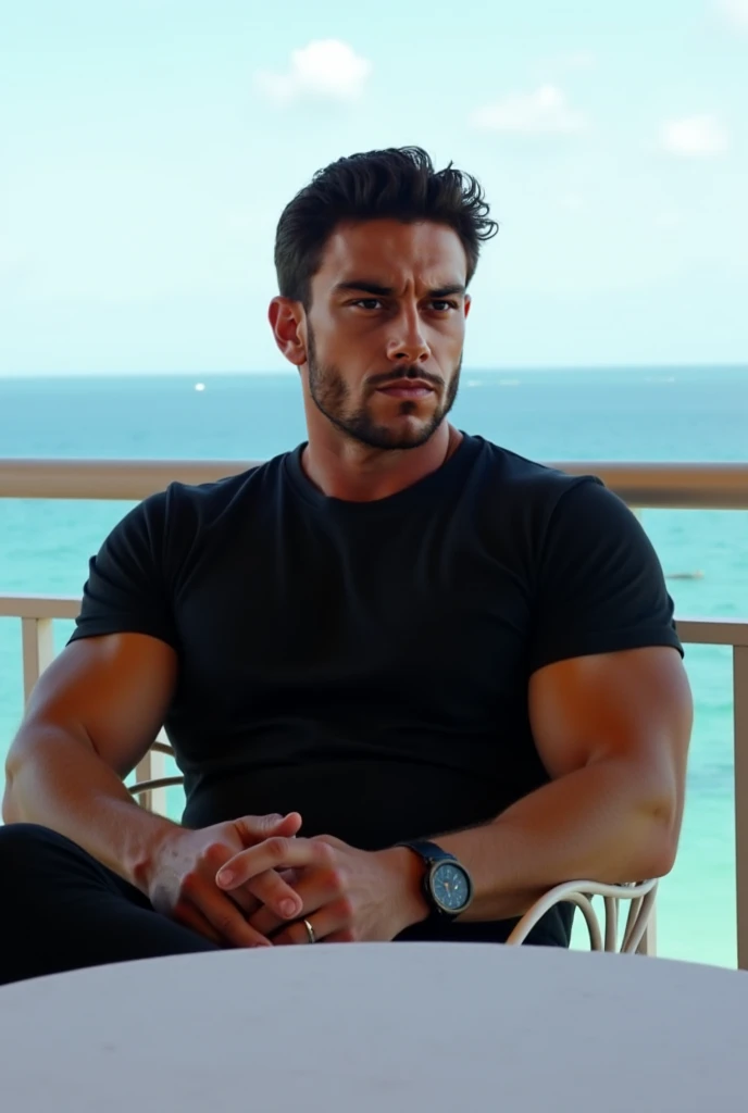 Crie um homem loiro com barba e com um sorriso elegante. The man is attractive and wears sunglasses. realistic strokes