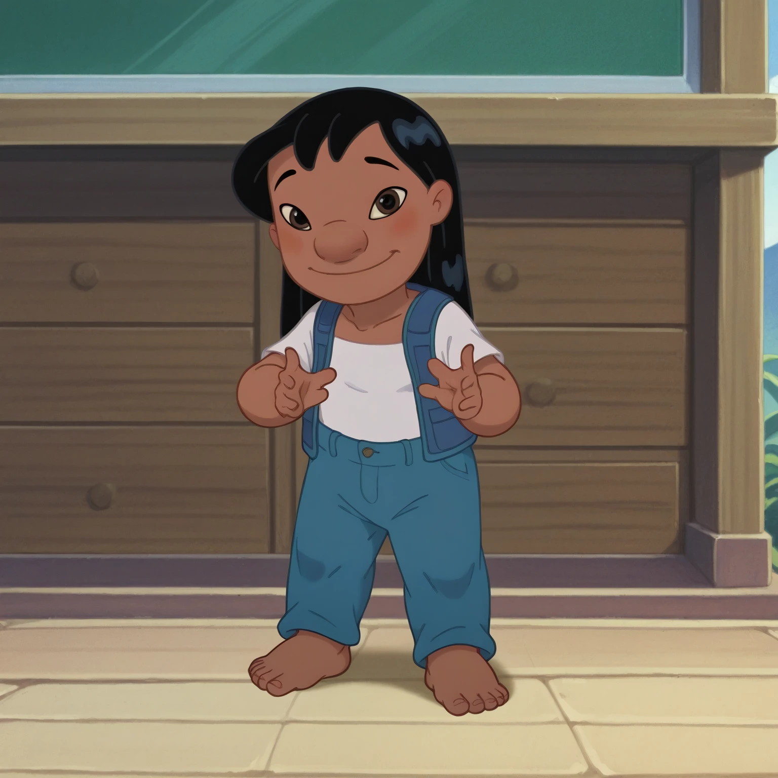 score_9, score_8_up, score_7_up, rating_explicit, source_anime,detailed skins, body blush,cowboy shot, flat chest,  highly detailed, body blush,cowboy shot, looking at viewer, perfect eyes,perfect hands, sidelocks,lilo, long black hair, brown eyes, dark skin, flat chest, red open vest,white bandeau , blue pants , barefoot , smile, hand wave, gold jewelry 