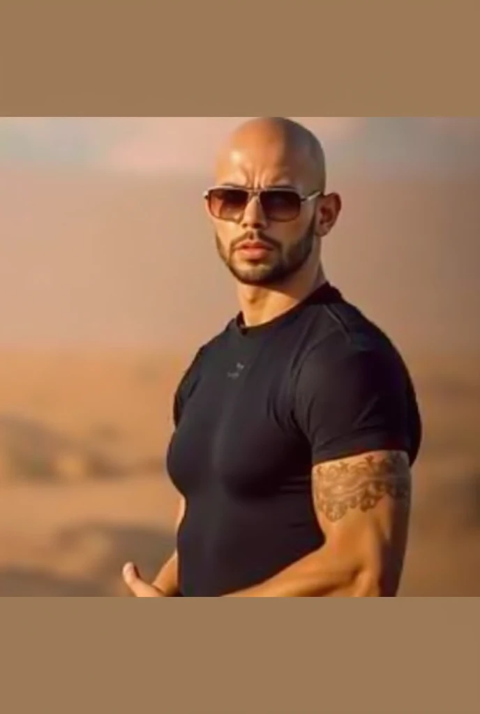 picture in middle of the desert, sunset in background, bald muscular man, 6 pack abs, no tshirt, dubai desert, using iphone, photo taken from far away, sunglasses, black jeans, cat eye sun glasses, leather strap watch, hyper realistic, detailed skin, high resolution, extra details, quality uhd, tanned skin, sharp jawline, detailed face, photo realistic, high budget, sunset