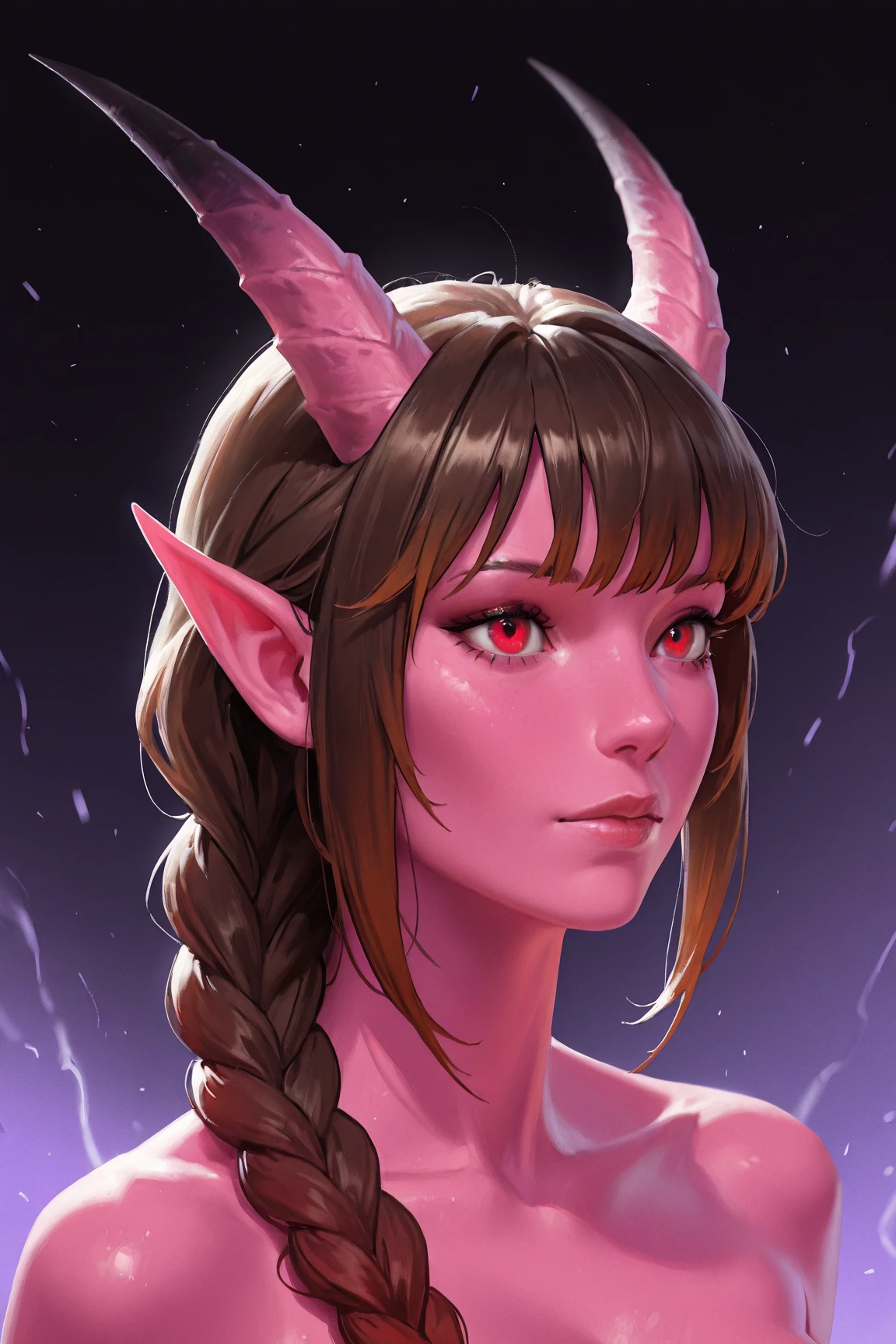 Satyr, female, purple skin, black fur, brown hair, black eyes, straight horns,
