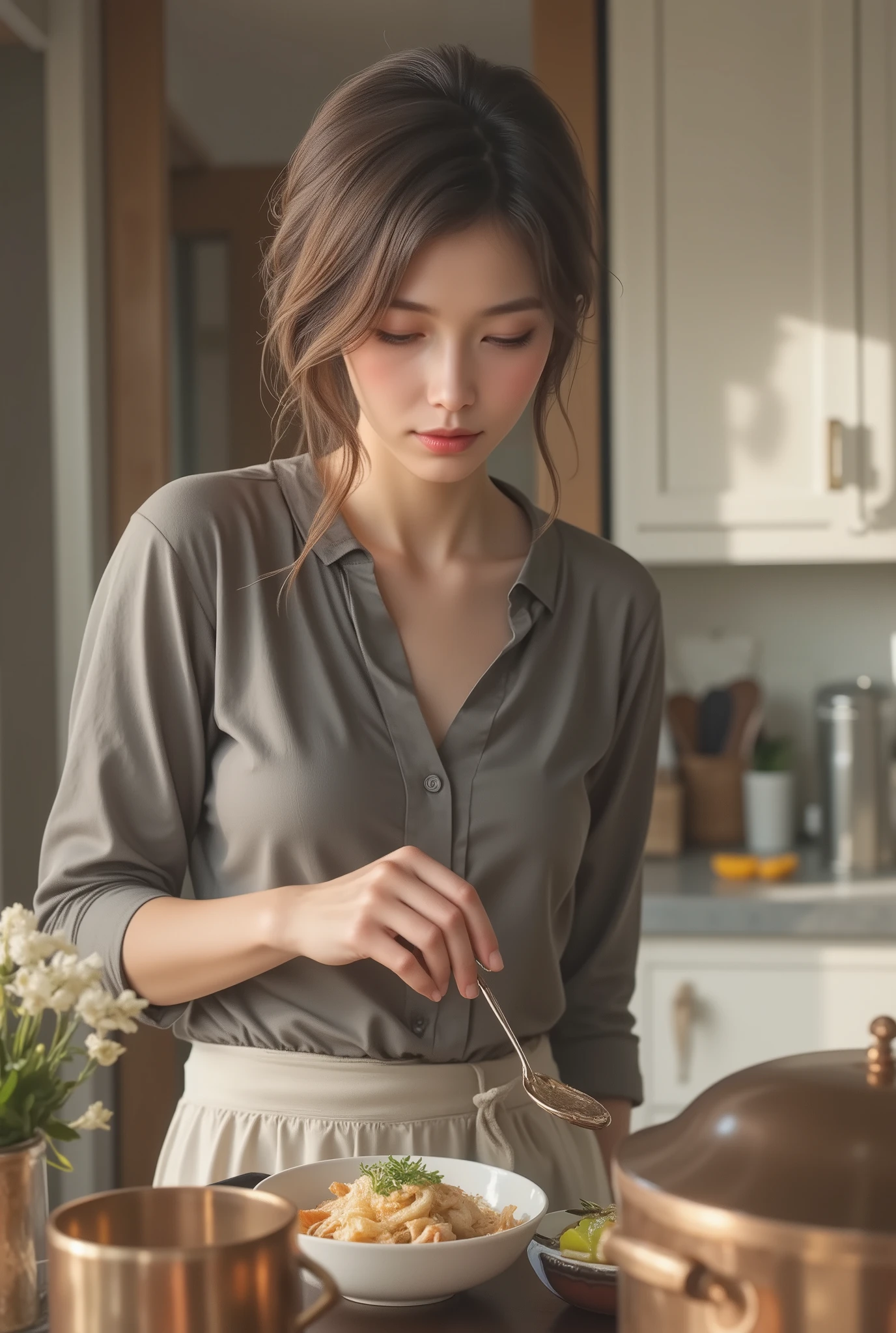 Adult woman cooking, Alone, I'm making very tasty food, Simple face-to-face kitchen at home, Beautifully decorated dishes adorn the dining table, I'm looking forward to my family's return。