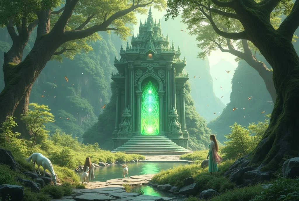 colorful all-glass ancient temple, stone statue, mysterial signs, rainbow colors waterfalls, sparkling effects, amospheric fog. At night, (1girl, solo), photorealistic, medium-breast:1.3 slim body, cleavage, tomb raider style costume with miniskirt, (matrix style black sunglasses, holding a short gun), half-body thigh level medium shot, cinematic lighting, ray tracing.