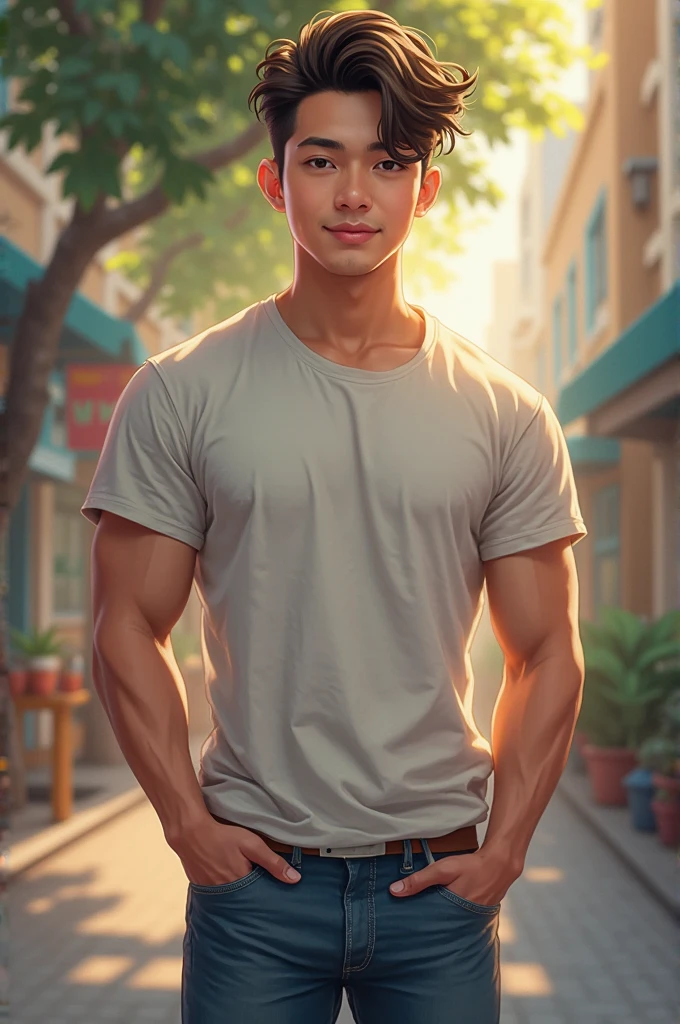 (photorealism:1.2)chinese gentleman,a handsome lawyer,  open chest shirt, showing off body, toned abs and full chest,show off panty waistbandstanding before the door, burflower tree in hand,
