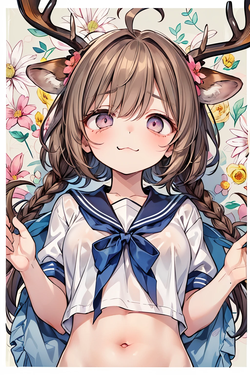 ((1-girl:1.3)),((cute girl:1.2)),((solo:1.1)),(braid hair:1.15),(ahoge:1.3),((brown hair:1.2)),((pastel marblecolor eyes:1.25)),((look stupefied:1.1)),plump breasts,skinny body,((sailor fashion:1.2)),((eerily glowing eyes:1.3)),((Cropped sailor:1.1)),((Navel exposed style:1.05)),((frill skirt:1.05)),((A filled with pleasure:1.1)),((ecstatic expression:1.1)),((:3, smile:1.15)),((open your mouth:1.15)),(platform boots:1.15),((Evil:1.35)),((glassy eyes:1.25)),((rolling eyes:1.3)),((flower pattern background:1.1)),((deer ears:1.3)),((upper body:1.2)),((top view:1.1)),