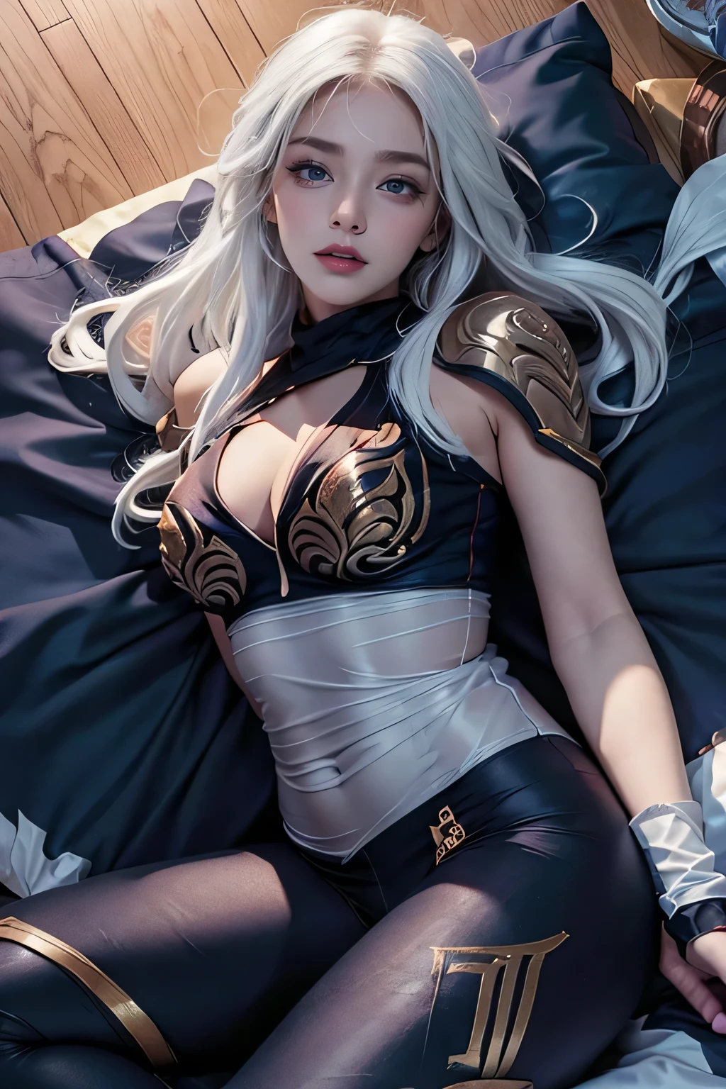 8K,Masterpiece,One woman,On the bed,sleeping,arms up, 白いpanties,Fantasy otherworldly character tempt you with their legs wide open,8K,Masterpiece,(One woman),On the bed,panties,Female pirate crew member,(female knight),Blonde Hair, Medium Hair,blue eyes, Realistic, Sci-fi fantasy,Game characters,Slender figure,Cleavage,Separate outfits,steampunk,Pirate costumes,Pirates of the Caribbean,Color variations,